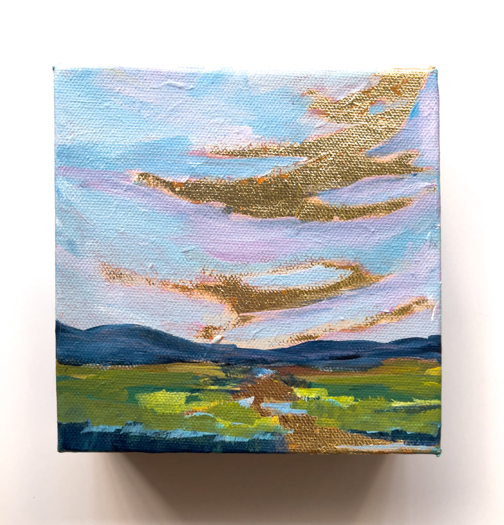 6" x 6"
Acrylic and gold leaf on gallery wrapped canvas
Transform your walls into a breathtaking landscape with our Investment Portfolio featuring the stunning blue ridge mountains, a shining sun, and bubbling brook.
Perfect for art collectors, the impressionistic style will add a touch of whimsy to any room.
Wake up to gold highlights and a blue sky every day.