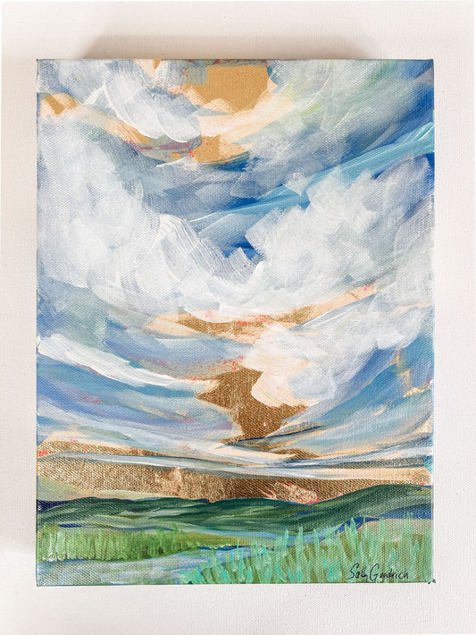  9" x 12" x1.5"
Gallery wrapped canvas
Acrylic paint and gold leaf
 Capture the poetic beauty of the Blue Ridge Mountains with our Lyrical Lace painting!
This painting is an impressionist masterpiece made with gold leaf and a breathtaking cloudscape, amidst dramatic reeds, grasses and peek-a-boo splashes of red, blue, white, and green.
Take home this canvas-style work of art today and enjoy all the lyricism of nature!