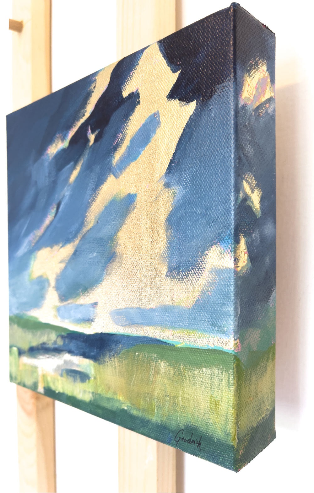 8" x 8"
Gallery wrapped canvas
Acrylic paint and gold leaf
Experience a touch of melodrama with our "Melodramatic" product. Immerse yourself in the moody clouds of April, with hints of blue, gray, and spring green.
See the beauty of the mountains and reflections of gold in the water, surrounded by lush marsh grasses.
Perfect for adding a touch of drama to any room.