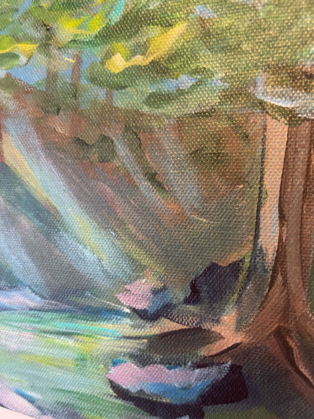 8" x 8"
Acrylic on Gallery Wrapped Canvas
feel the cool crisp air by the creek
Escape to nature with On the Rocks.
Feel the refreshing breeze and admire the lush surroundings of the Blue Ridge Mountains.
Let the shade trees and large rocks provide the perfect escape, while the blue and green turquoise hues add a touch of tranquility.
Nature at its finest