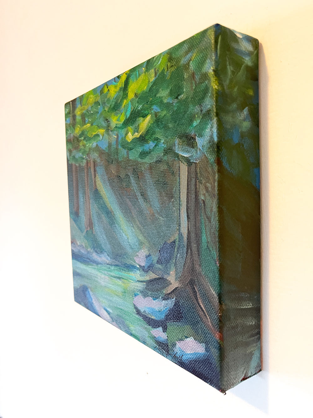 8" x 8"
Acrylic on Gallery Wrapped Canvas
feel the cool crisp air by the creek
Escape to nature with On the Rocks.
Feel the refreshing breeze and admire the lush surroundings of the Blue Ridge Mountains.
Let the shade trees and large rocks provide the perfect escape, while the blue and green turquoise hues add a touch of tranquility.
Nature at its finest