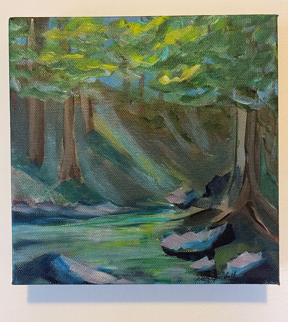 8" x 8"
Acrylic on Gallery Wrapped Canvas
feel the cool crisp air by the creek
Escape to nature with On the Rocks.
Feel the refreshing breeze and admire the lush surroundings of the Blue Ridge Mountains.
Let the shade trees and large rocks provide the perfect escape, while the blue and green turquoise hues add a touch of tranquility.
Nature at its finest