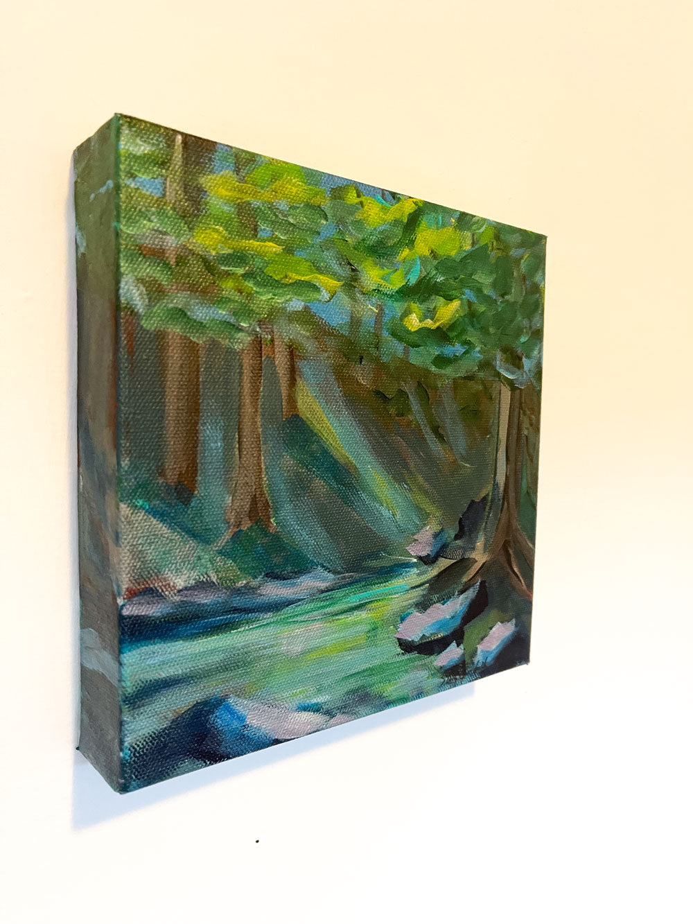 8" x 8"
Acrylic on Gallery Wrapped Canvas
feel the cool crisp air by the creek
Escape to nature with On the Rocks.
Feel the refreshing breeze and admire the lush surroundings of the Blue Ridge Mountains.
Let the shade trees and large rocks provide the perfect escape, while the blue and green turquoise hues add a touch of tranquility.
Nature at its finest