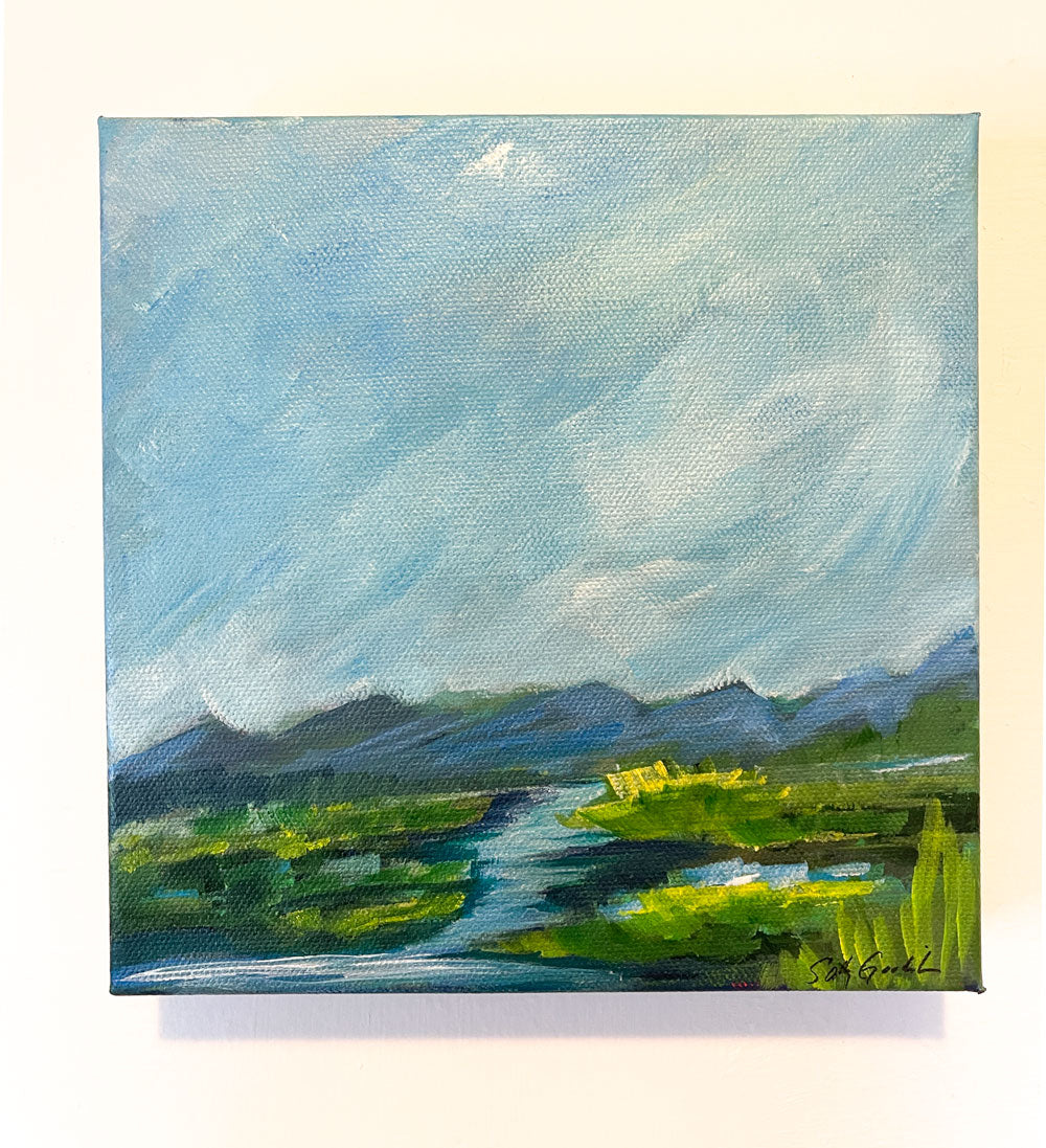 8" x 8"
Acrylic on Gallery Wrapped Canvas
Escape the office and immerse yourself in nature with Out of the Office.
This colorful painting captures the peaceful stream, lush river bank, and vibrant greens and yellows of the surroundings.
With a beautiful backdrop of the Blue Ridge Mountains and a clear blue sky, let this painting transport you to tranquility. (Work break not included.)"