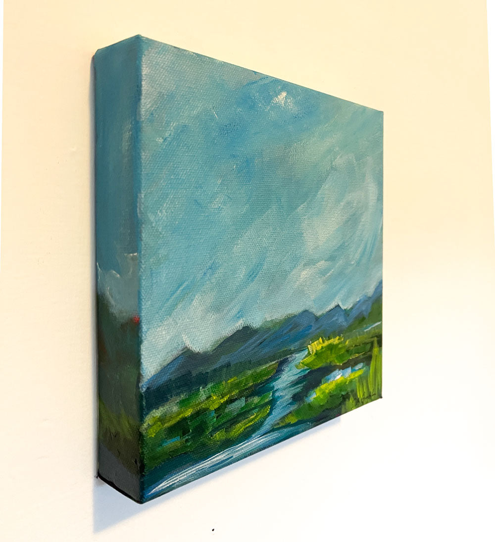 8" x 8"
Acrylic on Gallery Wrapped Canvas
Escape the office and immerse yourself in nature with Out of the Office.
This colorful painting captures the peaceful stream, lush river bank, and vibrant greens and yellows of the surroundings.
With a beautiful backdrop of the Blue Ridge Mountains and a clear blue sky, let this painting transport you to tranquility. (Work break not included.)"