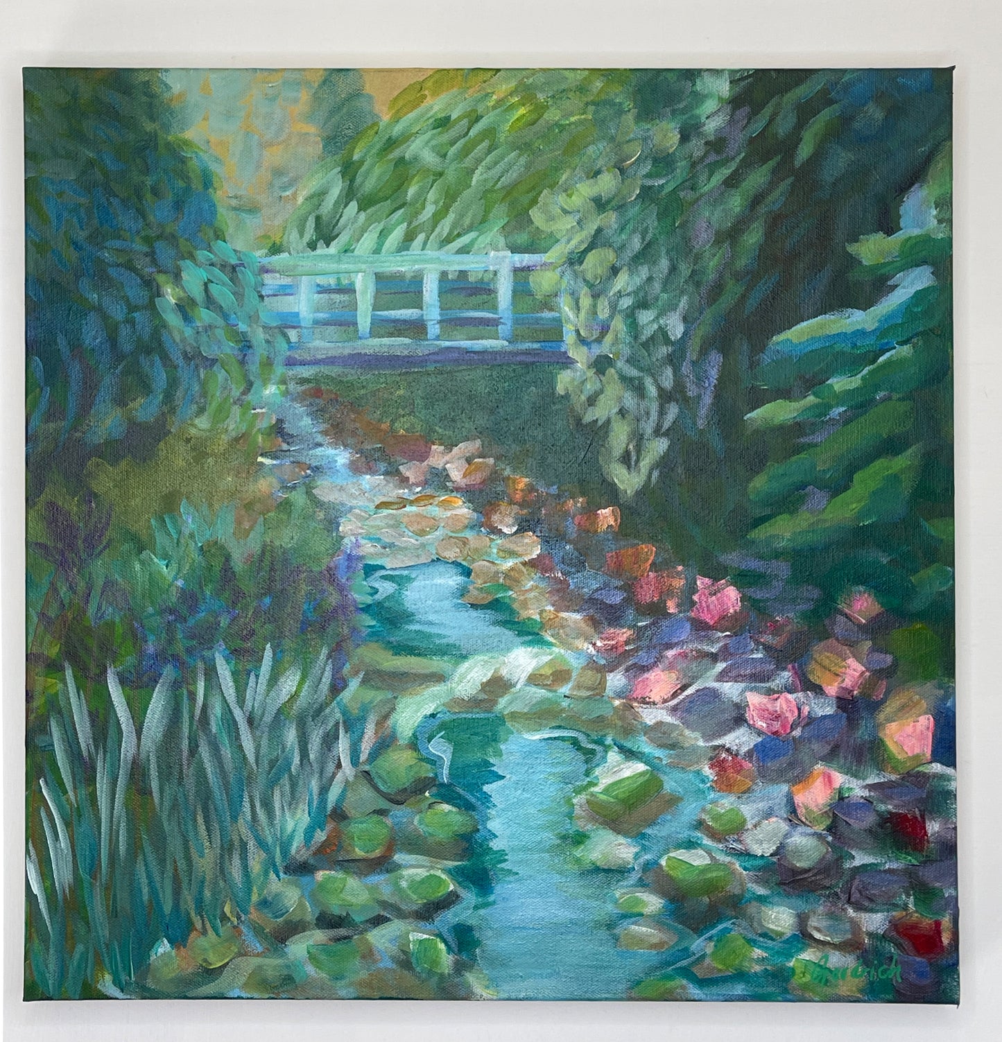 20" x 20"
gallery wrapped canvas
Embark on a journey to a tranquil retreat – with our Outdoor Escape painting!
Let your eyes be mesmerized by the lush green trees, the blue fresh mountain water, and the rocks worn and softened by time.
Plus, take a special trip to the little bridge tucked into the Blue Ridge Mountains just off Shanks Street in Salem, VA.
Come soak up the peace and beauty of nature!