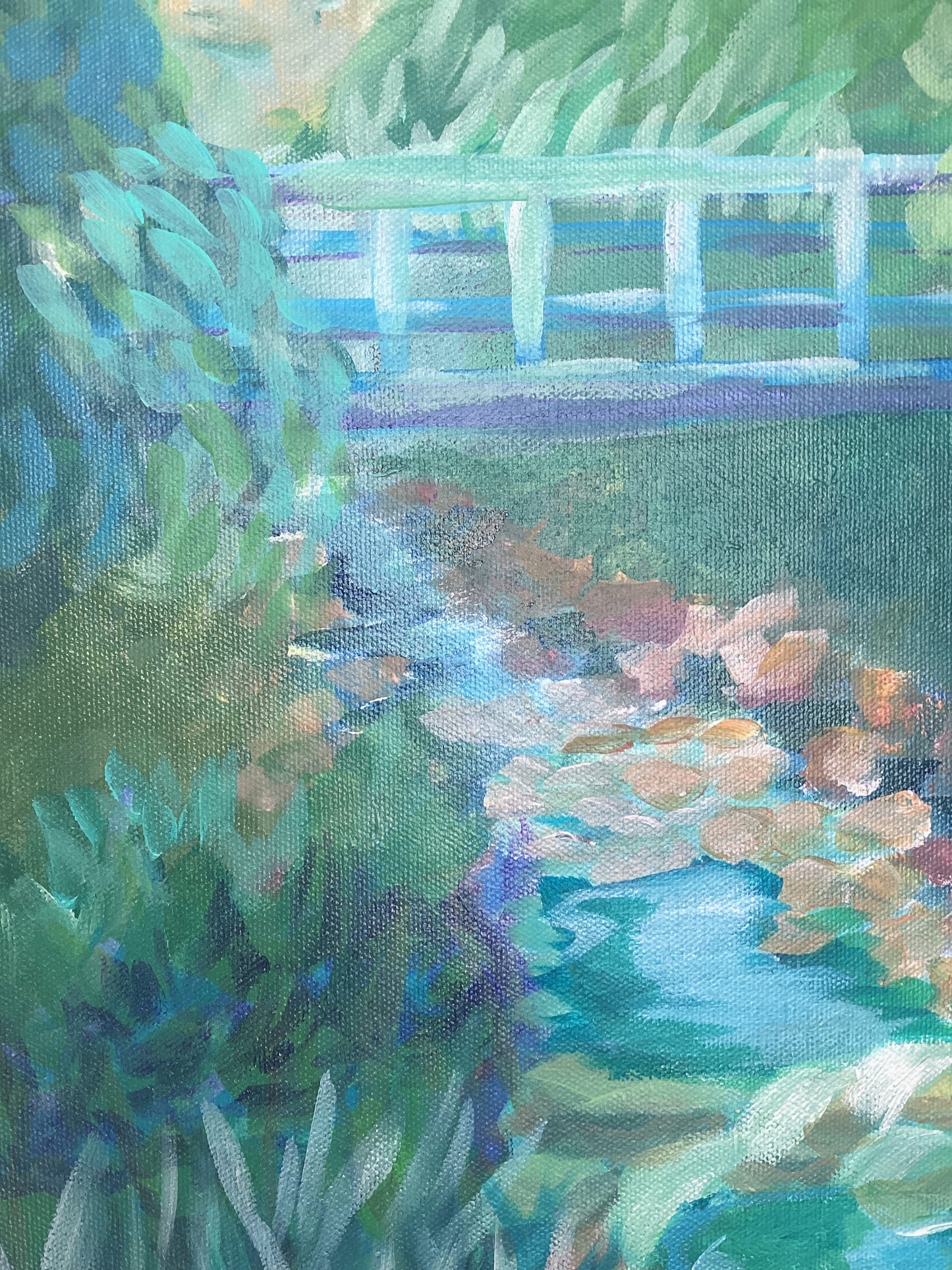 20" x 20"
gallery wrapped canvas
Embark on a journey to a tranquil retreat – with our Outdoor Escape painting!
Let your eyes be mesmerized by the lush green trees, the blue fresh mountain water, and the rocks worn and softened by time.
Plus, take a special trip to the little bridge tucked into the Blue Ridge Mountains just off Shanks Street in Salem, VA.
Come soak up the peace and beauty of nature!