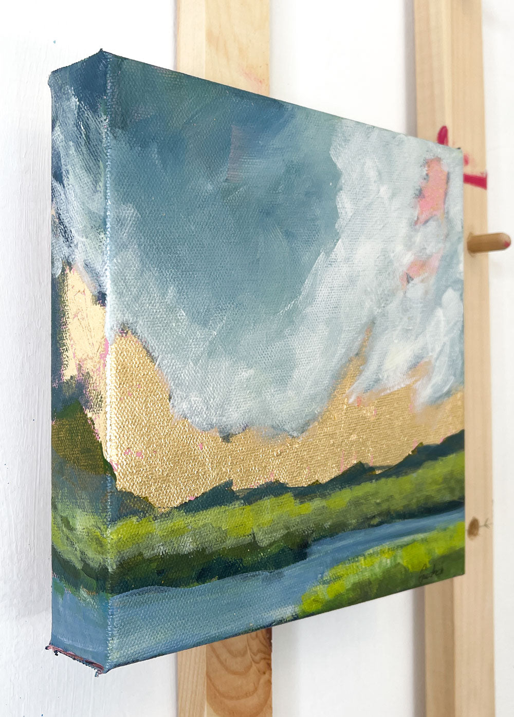 side view of a deep sided canvas gold leaf landscape of an original blue ridge mountains painting