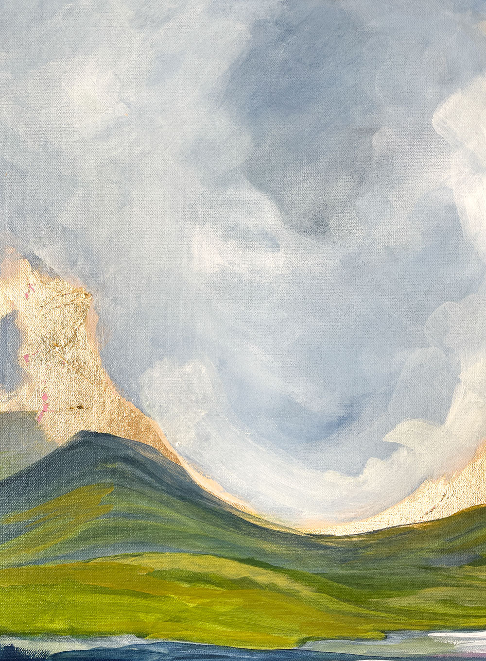 24" x 18"
Gallery wrapped canvas
Acrylic paint and gold leaf
Introducing Pastel Skies VIII: a large, original landscape painting featuring pastel blue clouds, green and blue ridge mountains, and a lazy floating river.
With the addition of gold leaf, this painting offers a spectacular view of peaceful pastel skies.