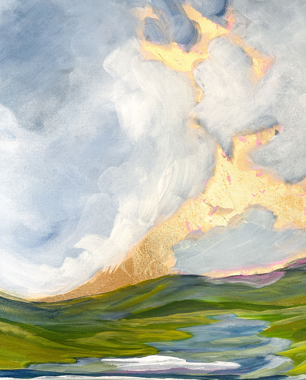 24" x 18"
Gallery wrapped canvas
Acrylic paint and gold leaf
Introducing Pastel Skies VIII: a large, original landscape painting featuring pastel blue clouds, green and blue ridge mountains, and a lazy floating river.
With the addition of gold leaf, this painting offers a spectacular view of peaceful pastel skies.
