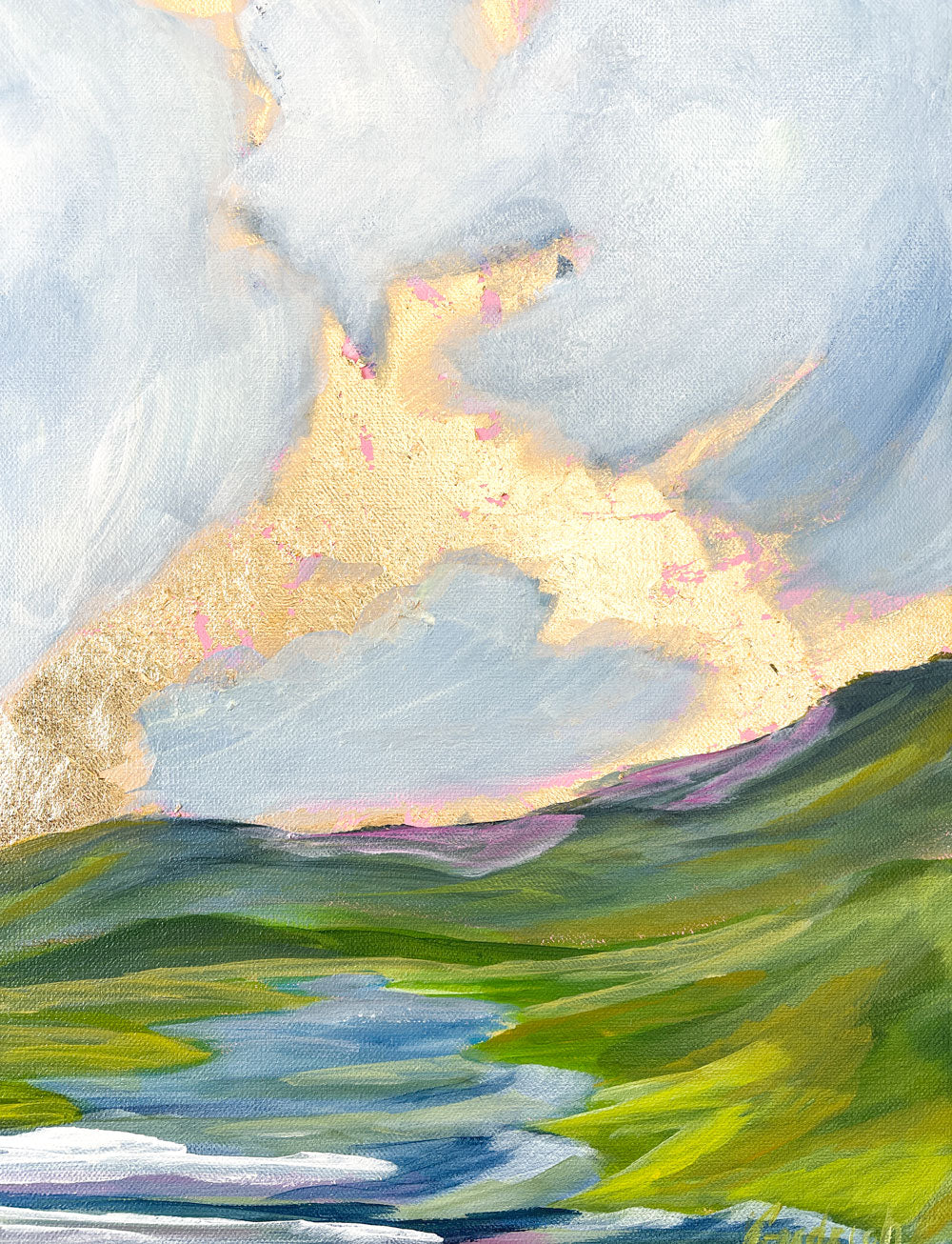 24" x 18"
Gallery wrapped canvas
Acrylic paint and gold leaf
Introducing Pastel Skies VIII: a large, original landscape painting featuring pastel blue clouds, green and blue ridge mountains, and a lazy floating river.
With the addition of gold leaf, this painting offers a spectacular view of peaceful pastel skies.