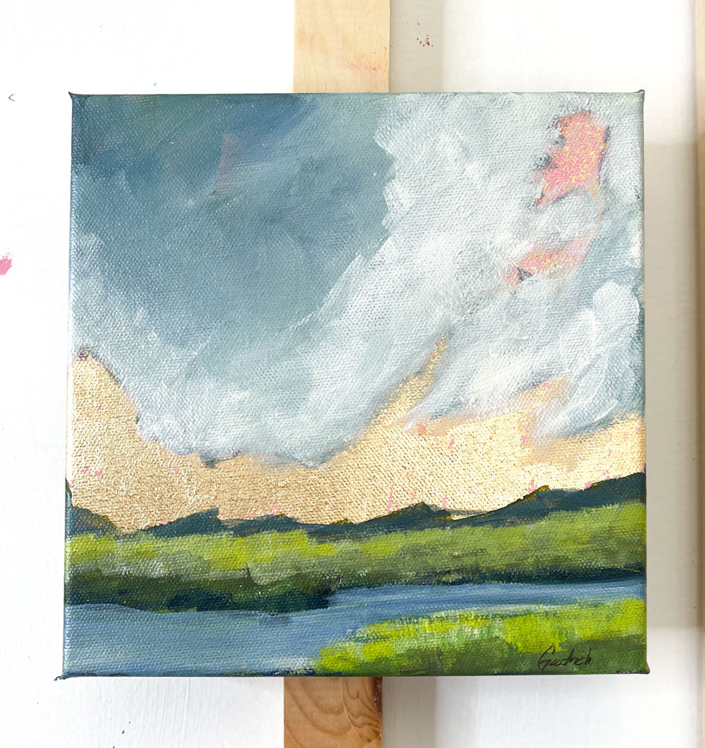 small gold leaf landscape with acrylic paint on deep canvas, all sides painting
