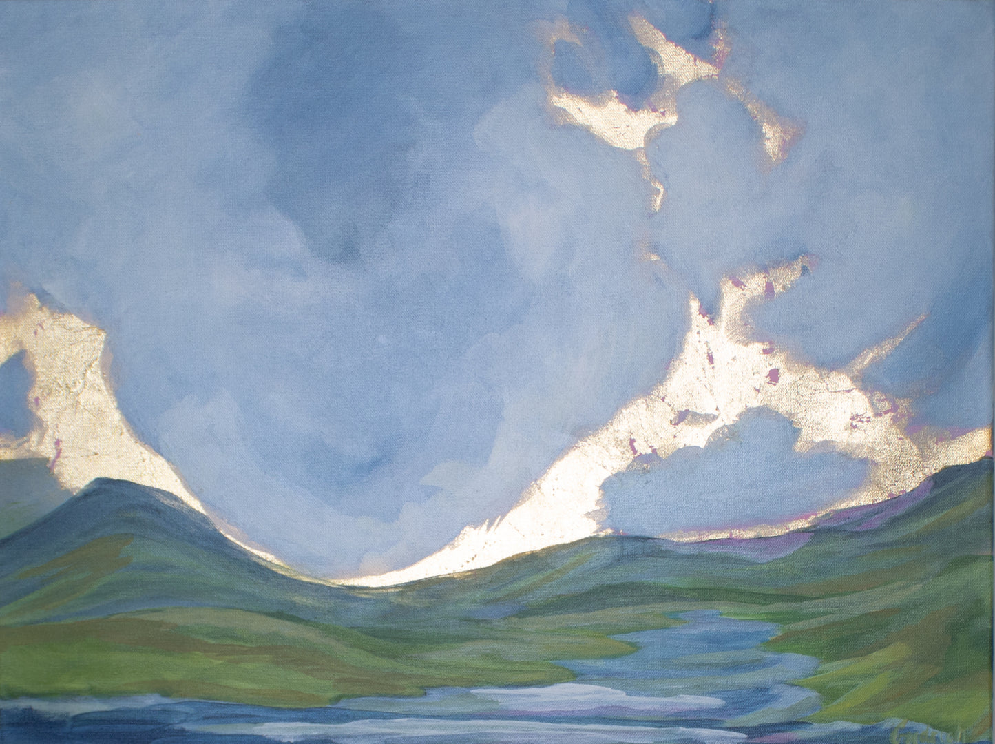 Introducing Pastel Skies VIII: a large, original landscape painting featuring pastel blue clouds, green and blue ridge mountains, and a lazy floating river.
With the addition of gold leaf, this painting offers a spectacular view of peaceful pastel skies.