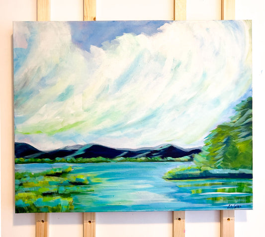 30" x 24"
Acrylic on Gallery Wrapped Canvas
Experience an ever-changing canvas with Perspectives.
Inspired by the tranquil views of the Blue Ridge Mountains, our large painting captures the serene blues and greens of the lake, accented by billowing white clouds and lush marsh grasses.
Take a journey through the woods without leaving your home with this unique piece."