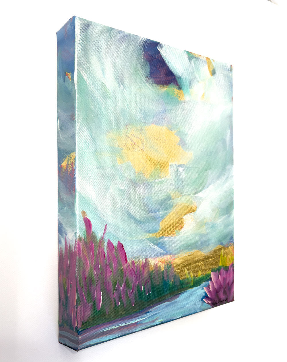 9 x 12"
Acrylic and Gold Leaf on Gallery Wrapped Canvas
"Transform your walls with our Pop Art painting, bringing the beauty of the Blue Ridge Mountains into your home.
The small size is perfect for any space, while the vibrant blues, greens, and whites add a touch of tranquility.
Featuring a river and pink flowers, this piece will make your home a paradise.
Hang it up and get ready to be amazed by the glorious clouds and turquoise hues.
Don't miss out on this masterpiece!"