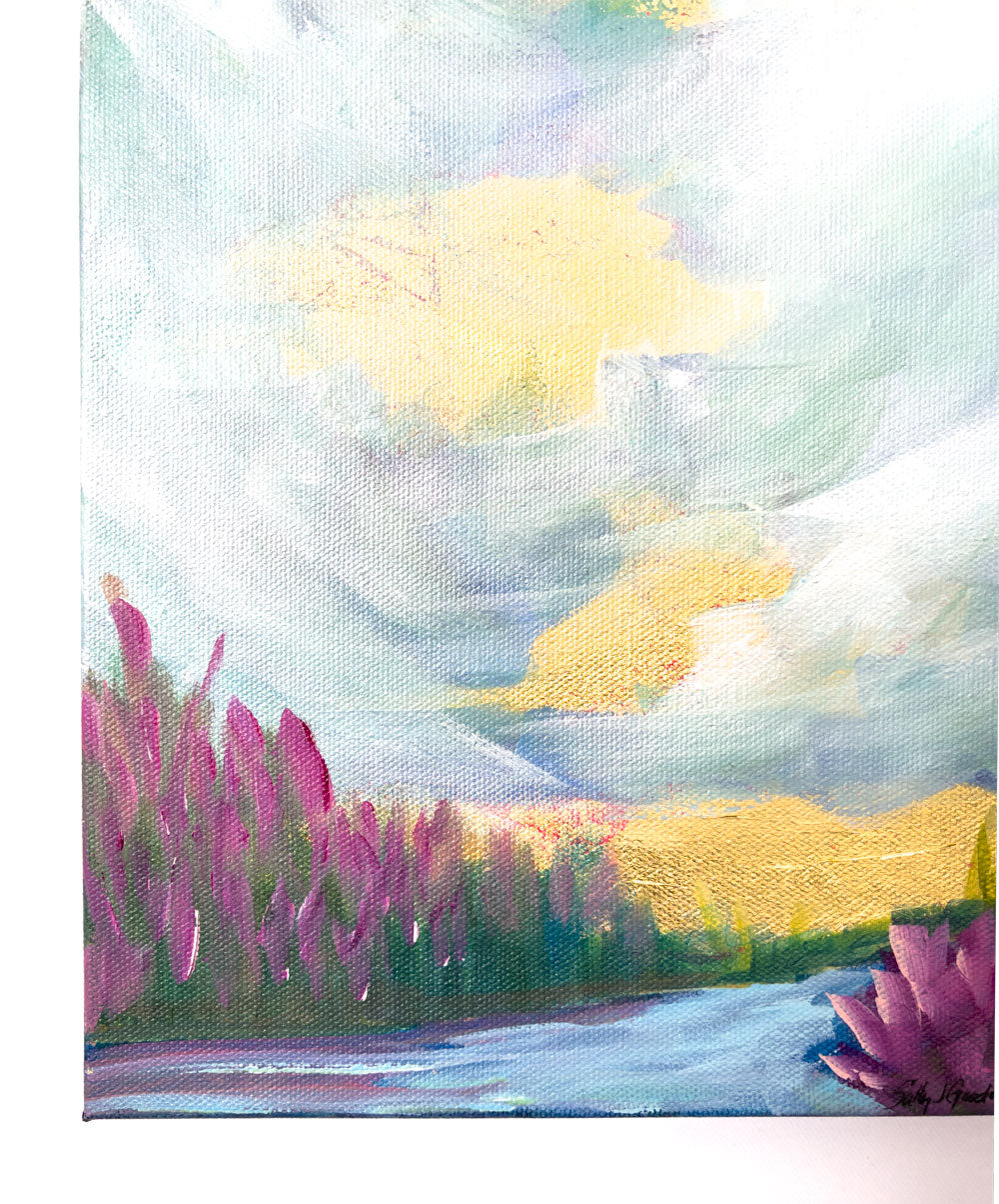 9 x 12"
Acrylic and Gold Leaf on Gallery Wrapped Canvas
"Transform your walls with our Pop Art painting, bringing the beauty of the Blue Ridge Mountains into your home.
The small size is perfect for any space, while the vibrant blues, greens, and whites add a touch of tranquility.
Featuring a river and pink flowers, this piece will make your home a paradise.
Hang it up and get ready to be amazed by the glorious clouds and turquoise hues.
Don't miss out on this masterpiece!"
