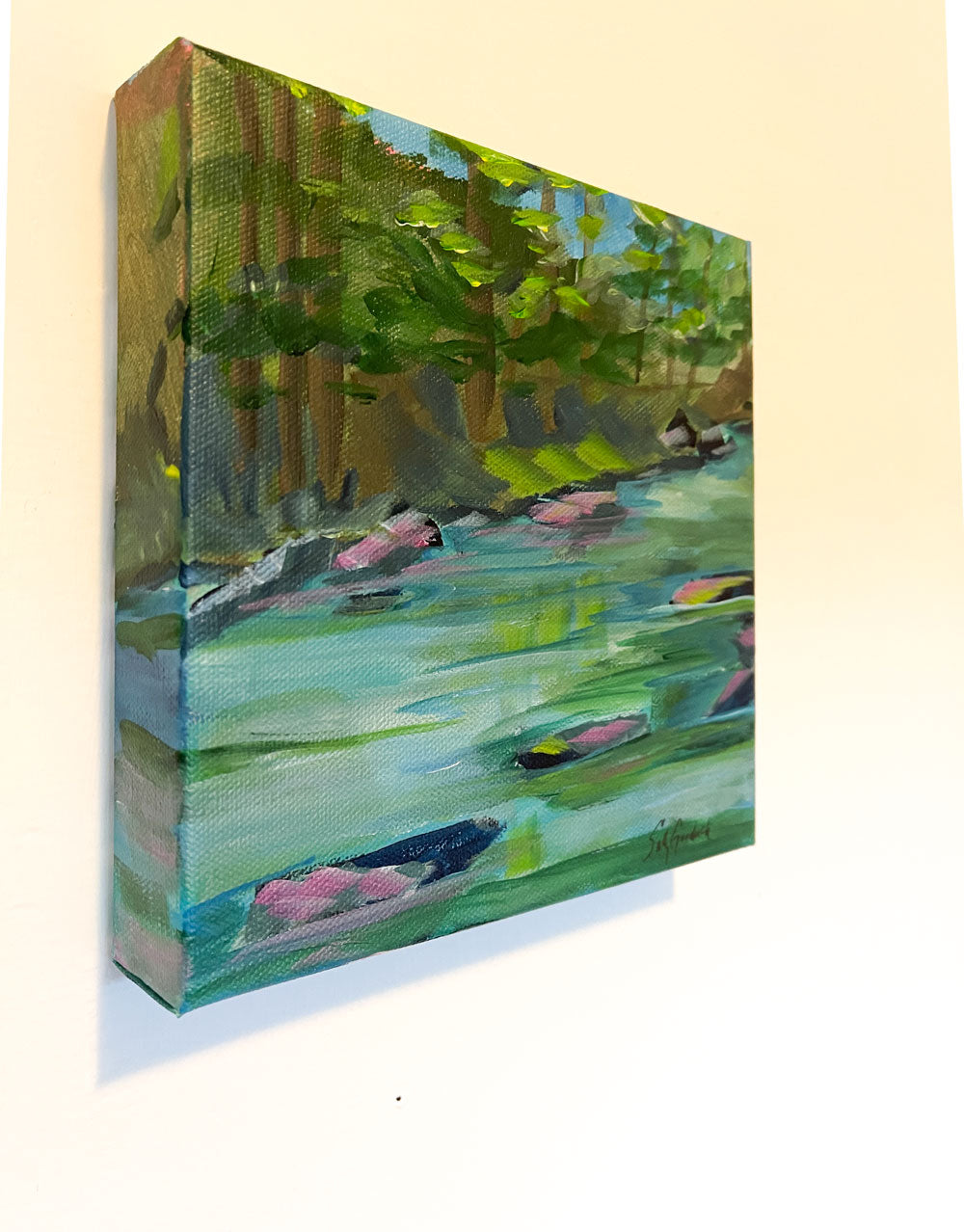 8" x 8"
acrylic on gallery wrapped canvas
Unleash your inner adventurer with Private Sanctuary!
Feel the cool stream rush by as you relax among the reflecting woods and shade trees.
Admire the unique pink rocks scattered throughout the landscape, all while taking in the breathtaking views of the Blue Ridge Mountains.
Your own personal paradise awaits!