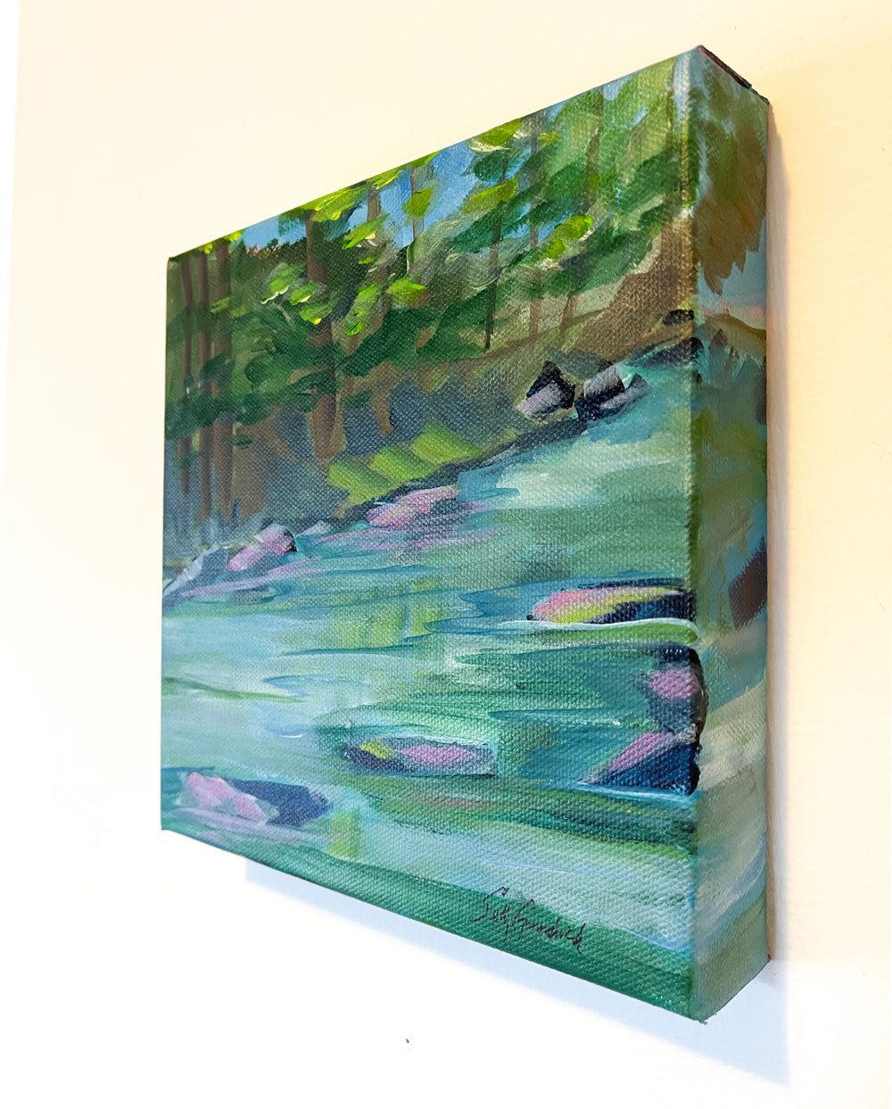 8" x 8"
acrylic on gallery wrapped canvas
Unleash your inner adventurer with Private Sanctuary!
Feel the cool stream rush by as you relax among the reflecting woods and shade trees.
Admire the unique pink rocks scattered throughout the landscape, all while taking in the breathtaking views of the Blue Ridge Mountains.
Your own personal paradise awaits!