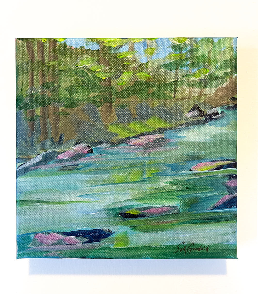8" x 8"
acrylic on gallery wrapped canvas
Unleash your inner adventurer with Private Sanctuary!
Feel the cool stream rush by as you relax among the reflecting woods and shade trees.
Admire the unique pink rocks scattered throughout the landscape, all while taking in the breathtaking views of the Blue Ridge Mountains.
Your own personal paradise awaits!
