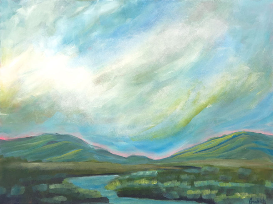 24" x 18"
acrylic on gallery wrapped canvas
Get lost in the serene beauty of this "Reading Room" with a dramatic acrylic painting of the Blue Ridge Mountains and a gentle blue stream.
The cool tones of blues, greens, and turquoises are complemented by a vibrant pink sunrise and waving grasses.
Perfect for a large room, this piece will bring a peaceful and tranquil atmosphere to your space.
