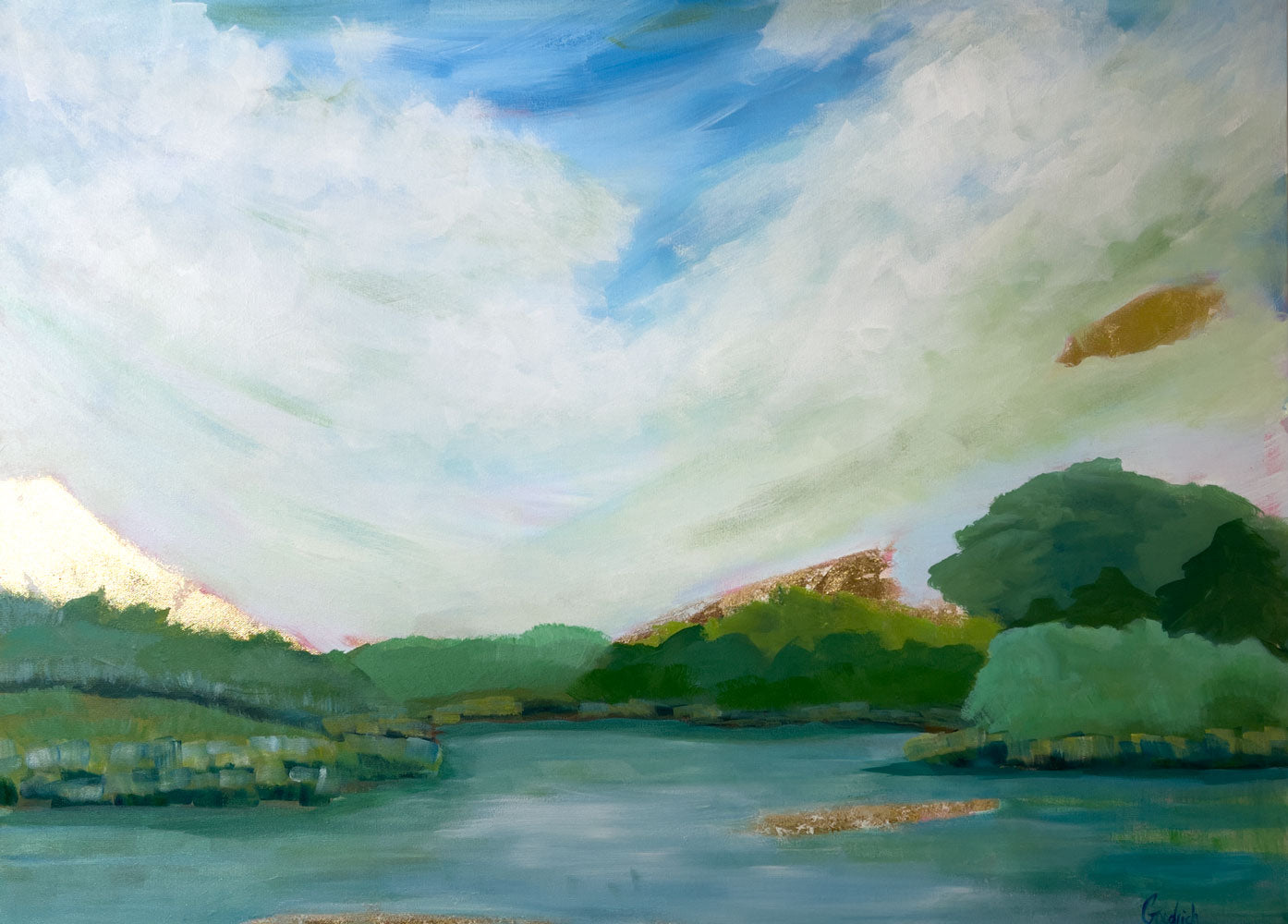 40" x 30"
Acrylic and Gold Leaf on Gallery Wrapped Canvas
Capture the serene beauty of nature with River View.
This extra large painting features a gold leaf sunrise over the blue ridge mountains and a cool river.
The impressionistic style highlights the lush forests, dramatic clouds, and vibrant colors of blues, turquoise, yellow, purple, and green.