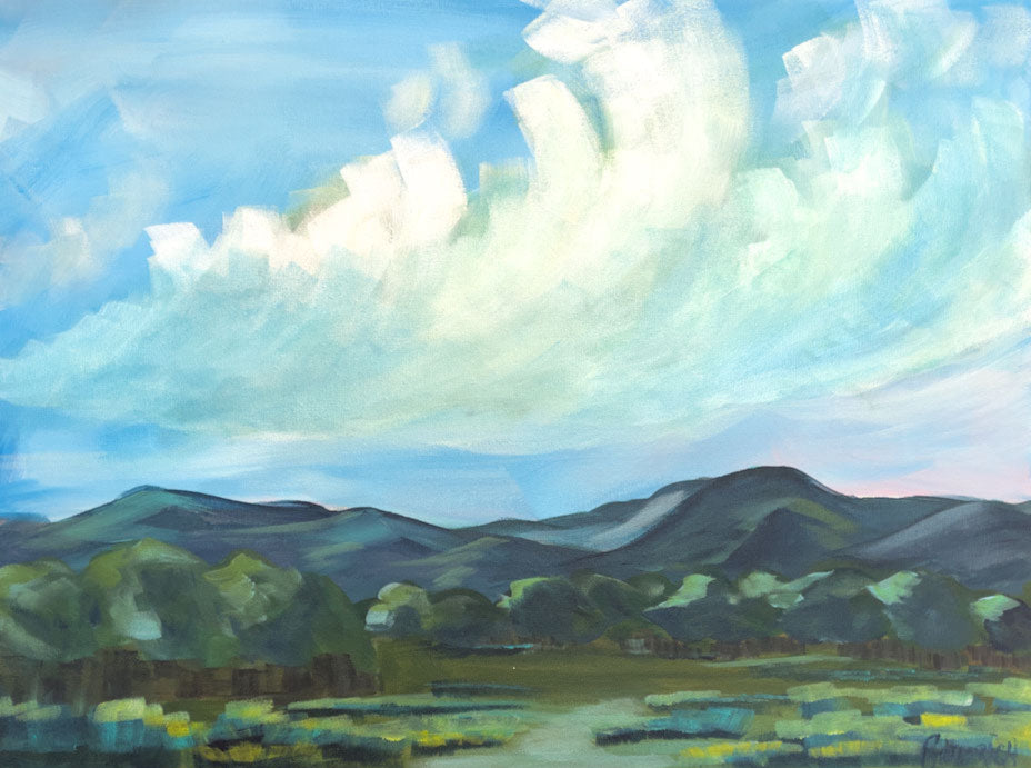 24" x 18"
Acrylic on Gallery Wrapped Canvas
Embrace the tranquil beauty of Sacred Ground.
With impressionistic details, this piece captures the essence of the blue ridge mountains, open fields, and grove of trees.
Let the cool colors of blue, green, and yellow transport you to a serene landscape.