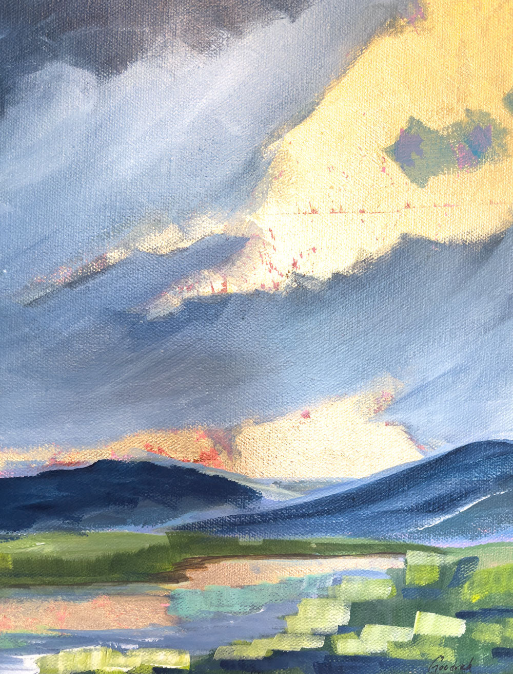 20" x 16"
Gallery wrapped canvas
Acrylic paint and gold leaf
Sensational offers a modern take on Blue Ridge scenery.
Admire the blue gray clouds and gold leaf sunrise, reflected in the river.
Yellow green grasses line the banks under Spring cloudy skies, creating an abstract landscape.
Let the beauty of nature shine with this quirky and playful interpretation.