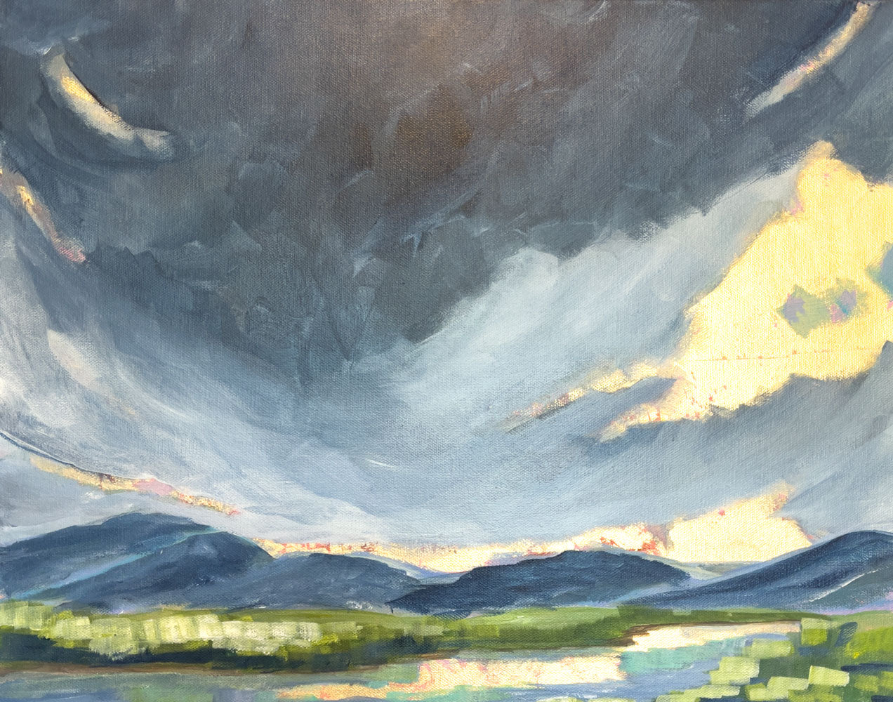 20" x 16"
Gallery wrapped canvas
Acrylic paint and gold leaf
Sensational offers a modern take on Blue Ridge scenery.
Admire the blue gray clouds and gold leaf sunrise, reflected in the river.
Yellow green grasses line the banks under Spring cloudy skies, creating an abstract landscape.
Let the beauty of nature shine with this quirky and playful interpretation.