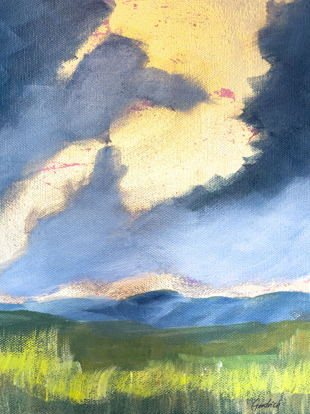 16" x 12"
Gallery wrapped canvas
Acrylic paint and gold leaf
Watch the morning sky come alive with our Startling painting.
This moody masterpiece features a blue-gray sky, painted on all sides and lit by a breathtaking gold leaf sunrise.
The colors are reflected in the river, lined with vibrant yellow-green grasses, and in the distance, the majestic Blue Ridge mountains complete the scene.
It's like taking a walk through a golden heaven on a cloudy spring day.