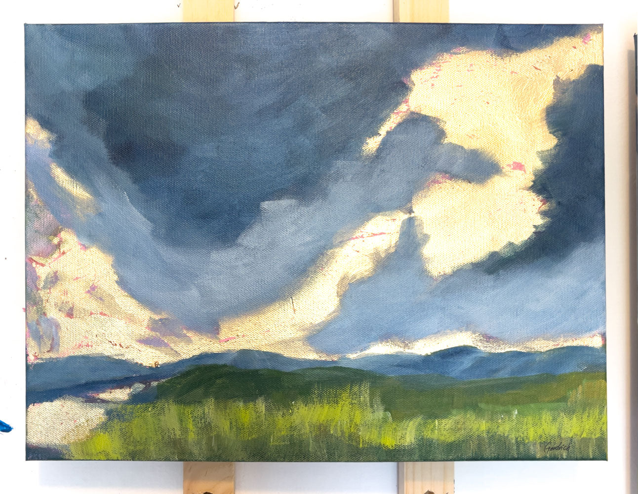 16" x 12"
Gallery wrapped canvas
Acrylic paint and gold leaf
Watch the morning sky come alive with our Startling painting.
This moody masterpiece features a blue-gray sky, painted on all sides and lit by a breathtaking gold leaf sunrise.
The colors are reflected in the river, lined with vibrant yellow-green grasses, and in the distance, the majestic Blue Ridge mountains complete the scene.
It's like taking a walk through a golden heaven on a cloudy spring day.