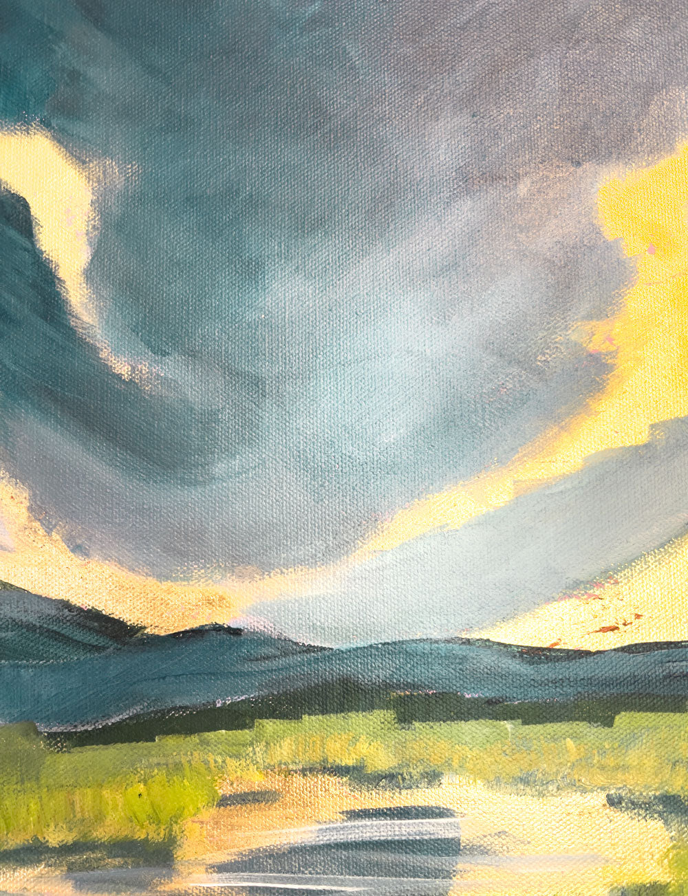 16" x 12"
Gallery wrapped canvas
Acrylic paint and gold leaf
Experience nature's beauty with Striking.
The moody gray blue clouds of spring complement the vibrant new growth, while the golden sunrise and river reflection dazzle.
The marsh grasses lining the banks lead to breathtaking views of the Blue Ridge Mountains.
Quirky, fun, and playful, Striking is a must-have for any nature lover.