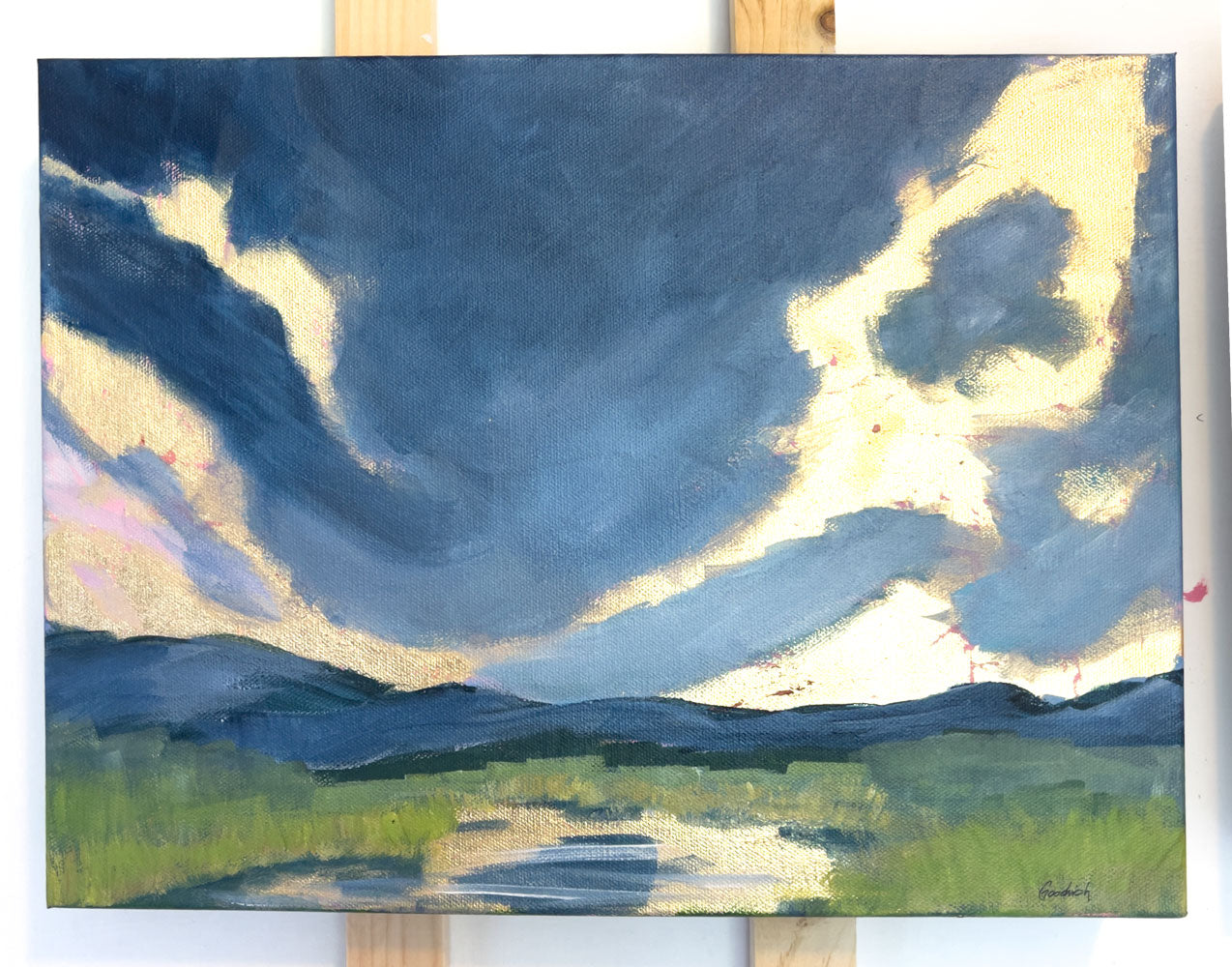 16" x 12"
Gallery wrapped canvas
Acrylic paint and gold leaf
Experience nature's beauty with Striking.
The moody gray blue clouds of spring complement the vibrant new growth, while the golden sunrise and river reflection dazzle.
The marsh grasses lining the banks lead to breathtaking views of the Blue Ridge Mountains.
Quirky, fun, and playful, Striking is a must-have for any nature lover.
