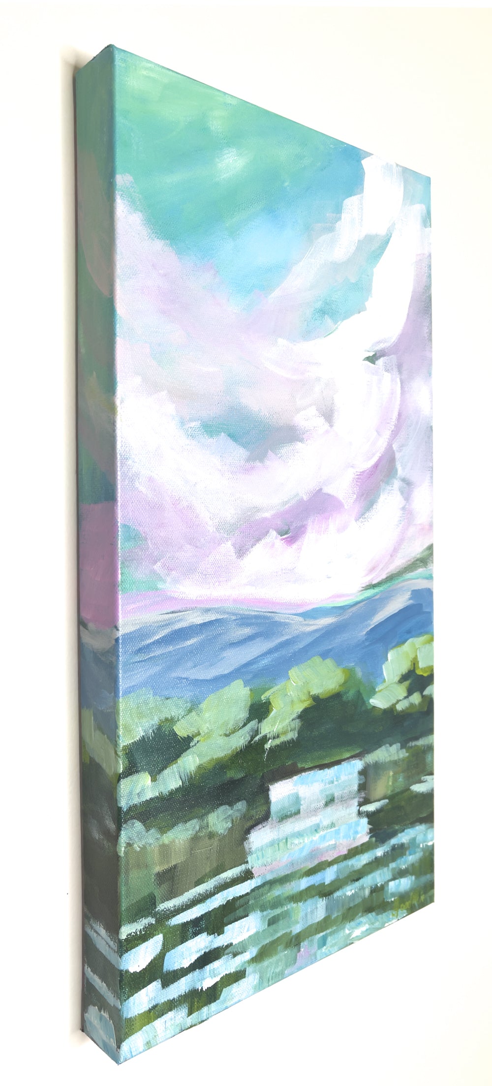 10" x 20"
Gallery wrapped canvas
Acrylic paint
Experience the majesty of Virginia's waterfalls with Waterfalls I.
This impressionistic painting captures the dramatic lavender cloudscape and turquoise sky of the Blue Ridge Mountains.
Hang this stunning piece in your home for a touch of natural beauty.