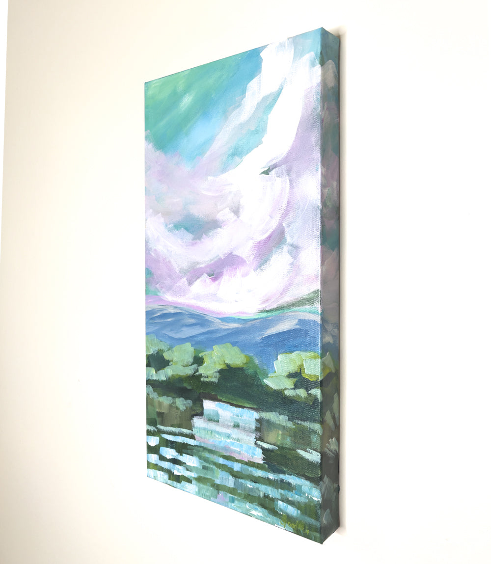 10" x 20"
Gallery wrapped canvas
Acrylic paint
Experience the majesty of Virginia's waterfalls with Waterfalls I.
This impressionistic painting captures the dramatic lavender cloudscape and turquoise sky of the Blue Ridge Mountains.
Hang this stunning piece in your home for a touch of natural beauty.