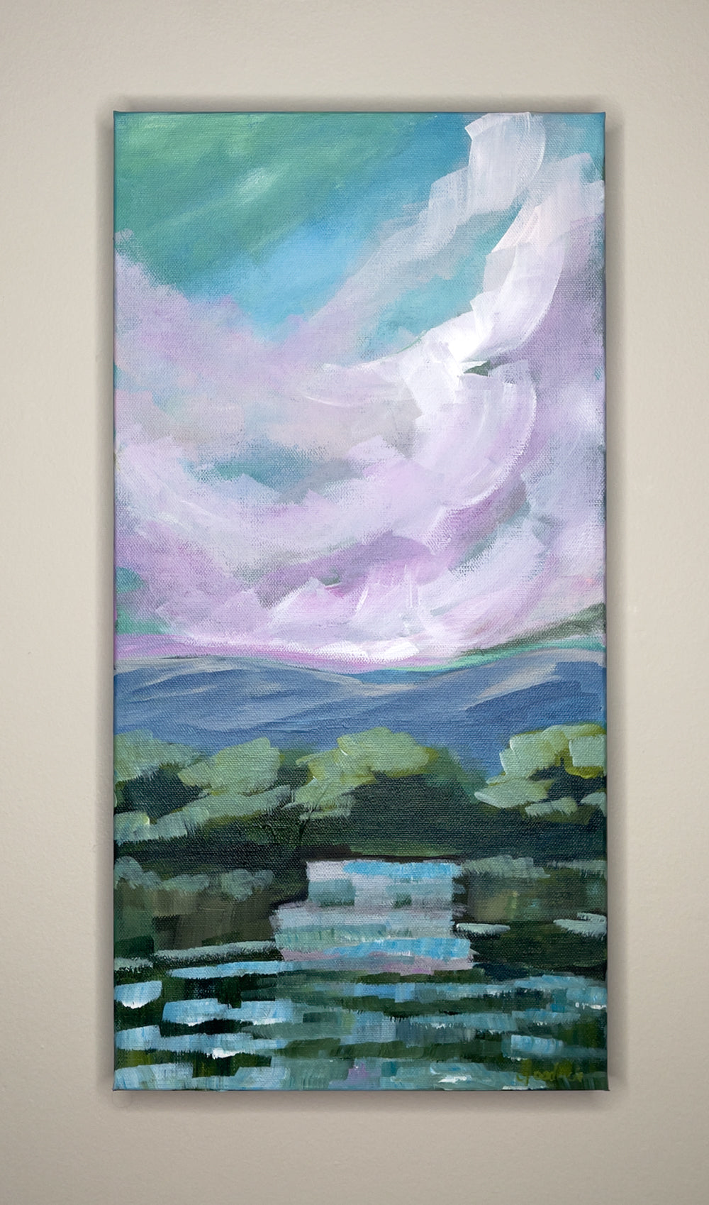 10" x 20"
Gallery wrapped canvas
Acrylic paint
Experience the majesty of Virginia's waterfalls with Waterfalls I.
This impressionistic painting captures the dramatic lavender cloudscape and turquoise sky of the Blue Ridge Mountains.
Hang this stunning piece in your home for a touch of natural beauty.