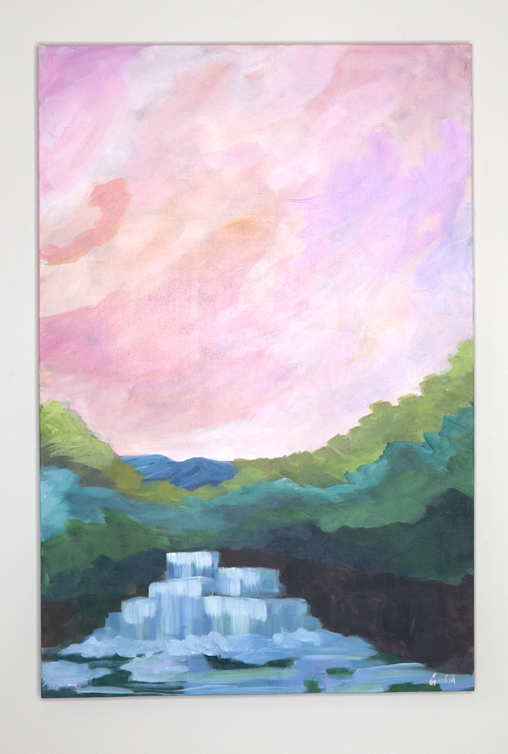 24" x 36"
Gallery wrapped canvas
Acrylic paint
Experience the cool and refreshing beauty of western Virginia with Waterfalls IV.
This original painting captures the cascading fresh water, lush forest, and stunning pink skies of the Blue Ridge Mountains.
Impressively painted with loose, fun strokes, this large piece is perfect for bringing the outdoors inside.
(Hint: It's cool to have cool rolling waters down the stream in your special spot).