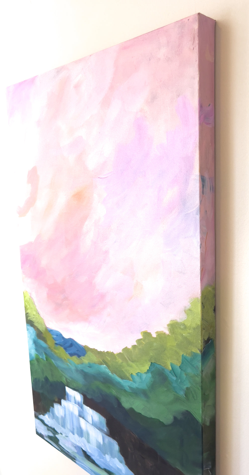 24" x 36"
Gallery wrapped canvas
Acrylic paint
Experience the cool and refreshing beauty of western Virginia with Waterfalls IV.
This original painting captures the cascading fresh water, lush forest, and stunning pink skies of the Blue Ridge Mountains.
Impressively painted with loose, fun strokes, this large piece is perfect for bringing the outdoors inside.
(Hint: It's cool to have cool rolling waters down the stream in your special spot).