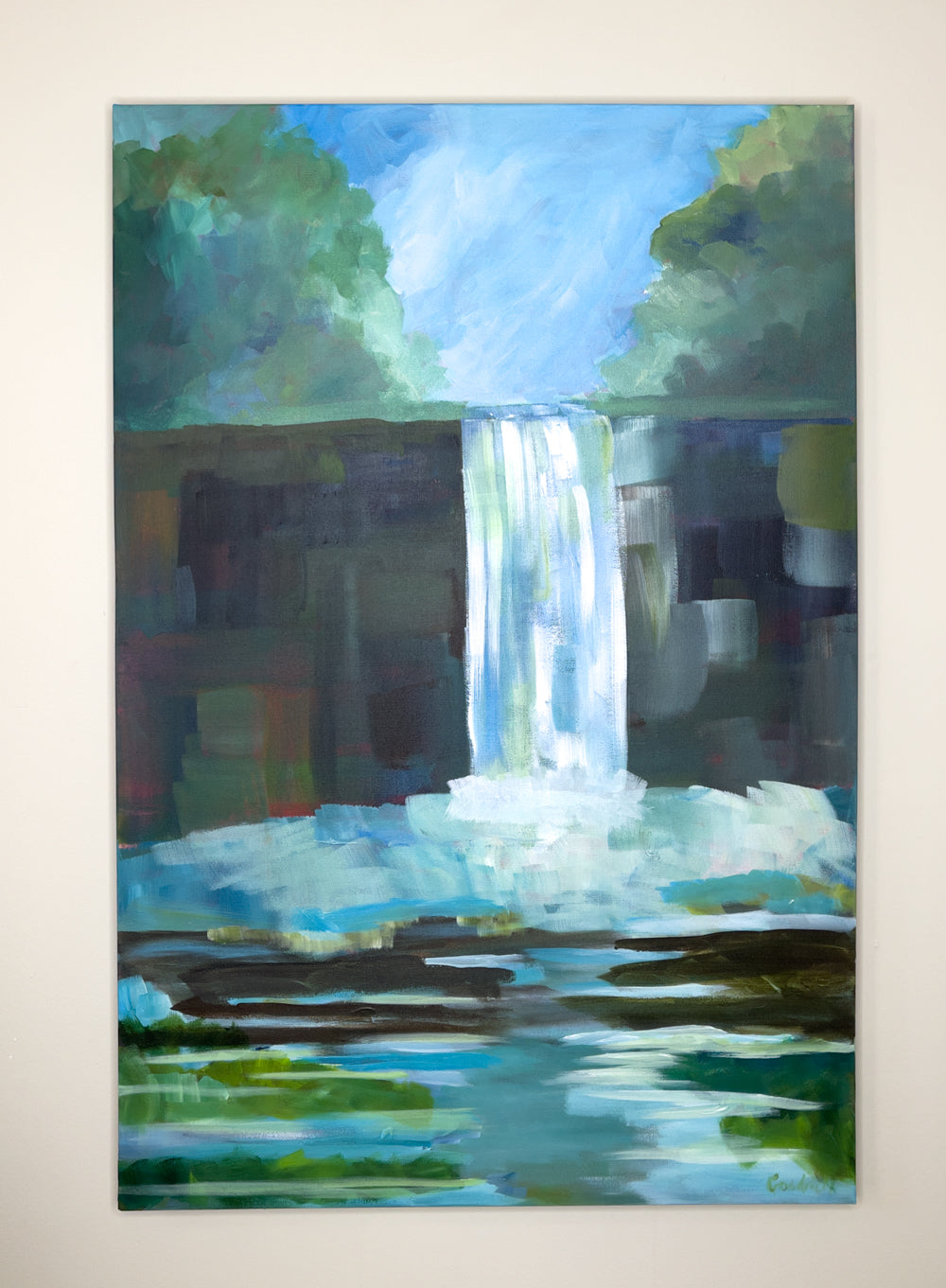 24" x 36"
Gallery wrapped canvas
Acrylic paint
Experience the magic of nature indoors with Waterfalls V!
This large painting captures the excitement and drama of Virginia waterfalls in the Blue Ridge Mountains.
With cool blue water and reflections of trees and rocks, it brings the outside in.
Its impressionistic style adds an exciting and playful touch to any room.