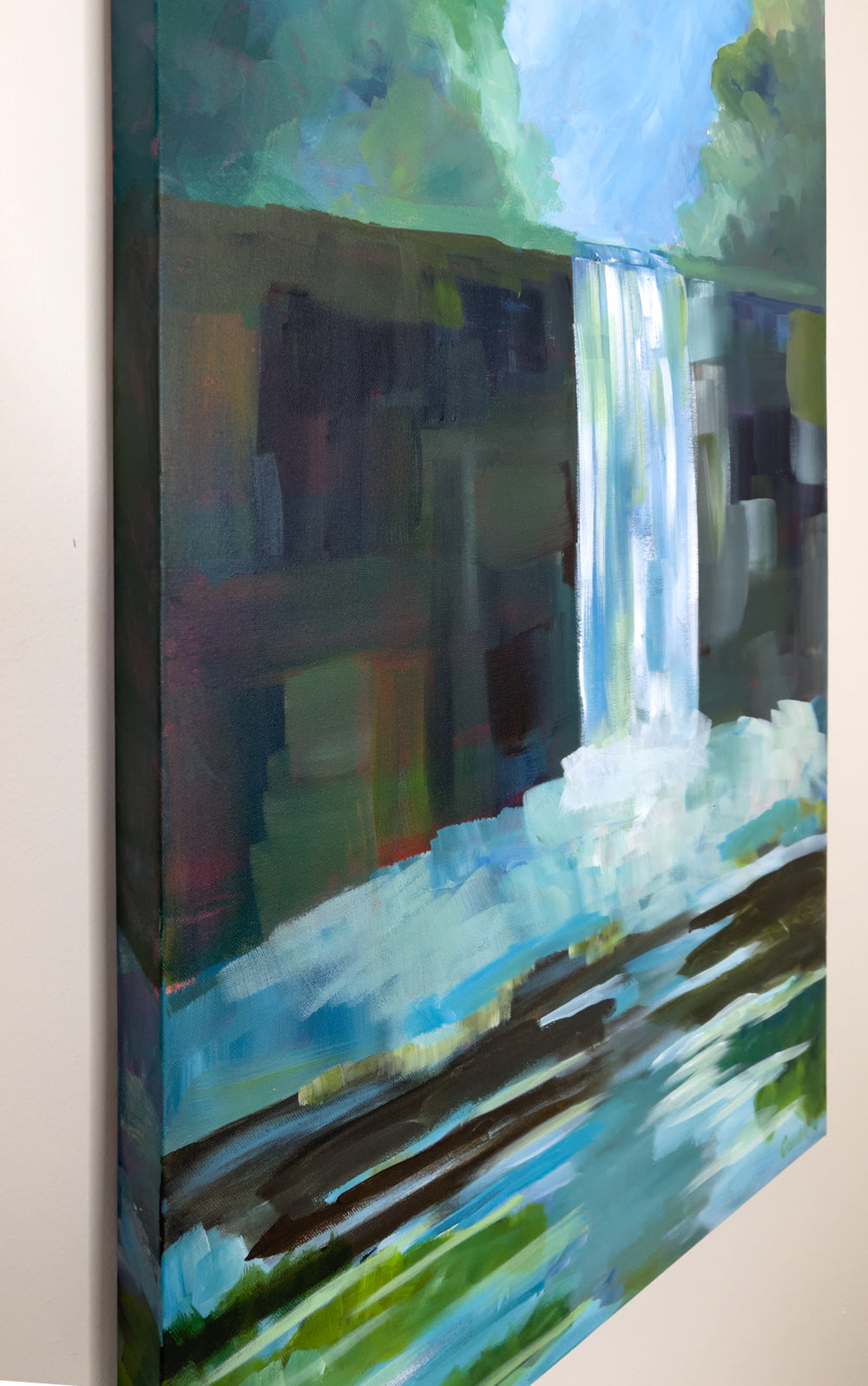 24" x 36"
Gallery wrapped canvas
Acrylic paint
Experience the magic of nature indoors with Waterfalls V!
This large painting captures the excitement and drama of Virginia waterfalls in the Blue Ridge Mountains.
With cool blue water and reflections of trees and rocks, it brings the outside in.
Its impressionistic style adds an exciting and playful touch to any room.