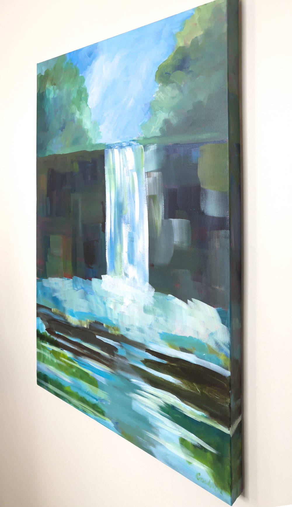 24" x 36"
Gallery wrapped canvas
Acrylic paint
Experience the magic of nature indoors with Waterfalls V!
This large painting captures the excitement and drama of Virginia waterfalls in the Blue Ridge Mountains.
With cool blue water and reflections of trees and rocks, it brings the outside in.
Its impressionistic style adds an exciting and playful touch to any room.