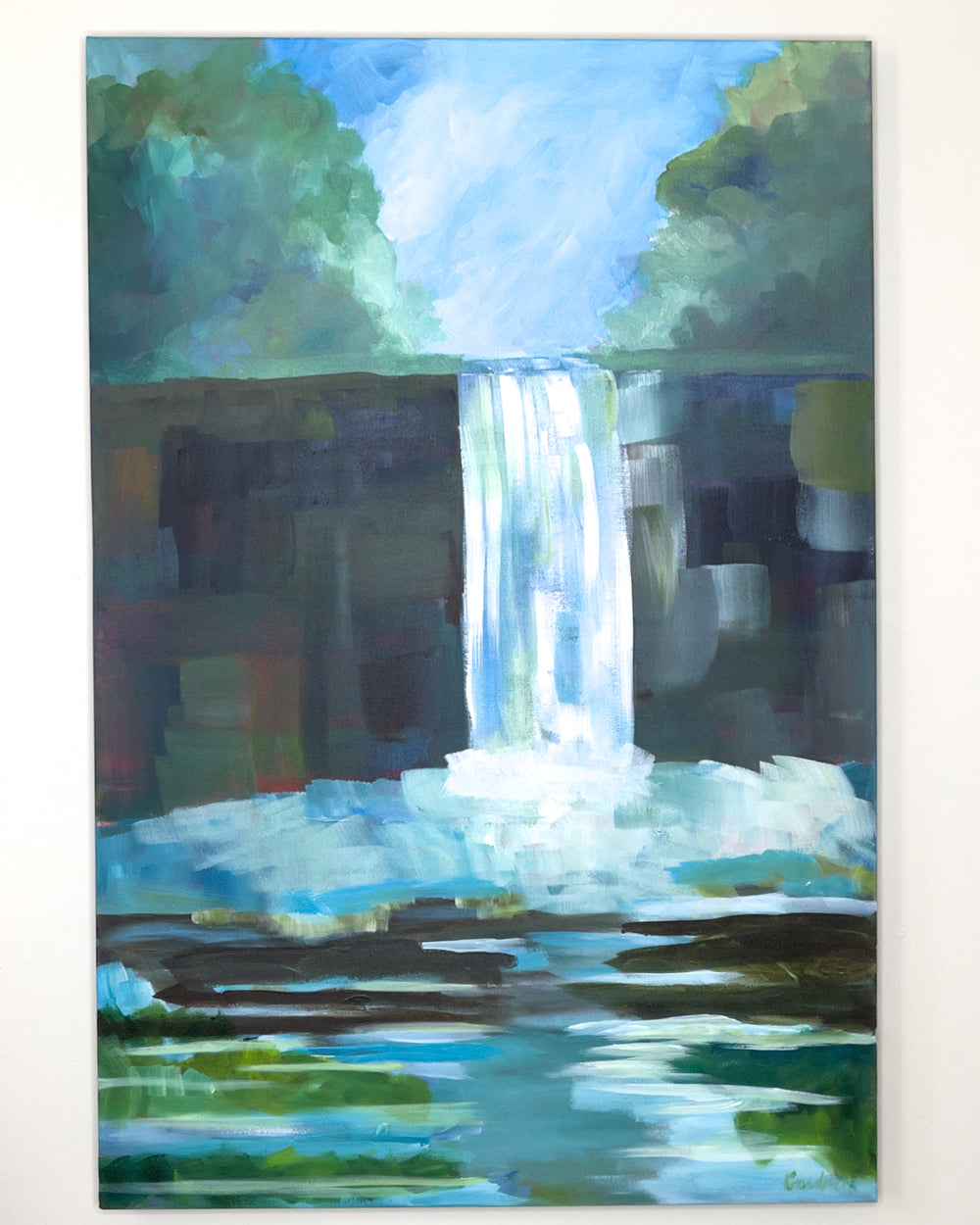 24" x 36"
Gallery wrapped canvas
Acrylic paint
Experience the magic of nature indoors with Waterfalls V!
This large painting captures the excitement and drama of Virginia waterfalls in the Blue Ridge Mountains.
With cool blue water and reflections of trees and rocks, it brings the outside in.
Its impressionistic style adds an exciting and playful touch to any room.