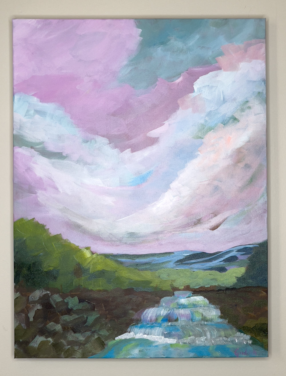 24" x 18"
Gallery wrapped canvas
Acrylic paint
Experience the beauty of the Blue Ridge Mountains with Waterfalls VI.
This stunning piece features pink and blue skies over dramatic waterfalls, surrounded by cool forests.
The impressionistic style captures the splashing water as it tumbles down rocky ledges.
Bring the outdoors inside with the blue waters and green forests.