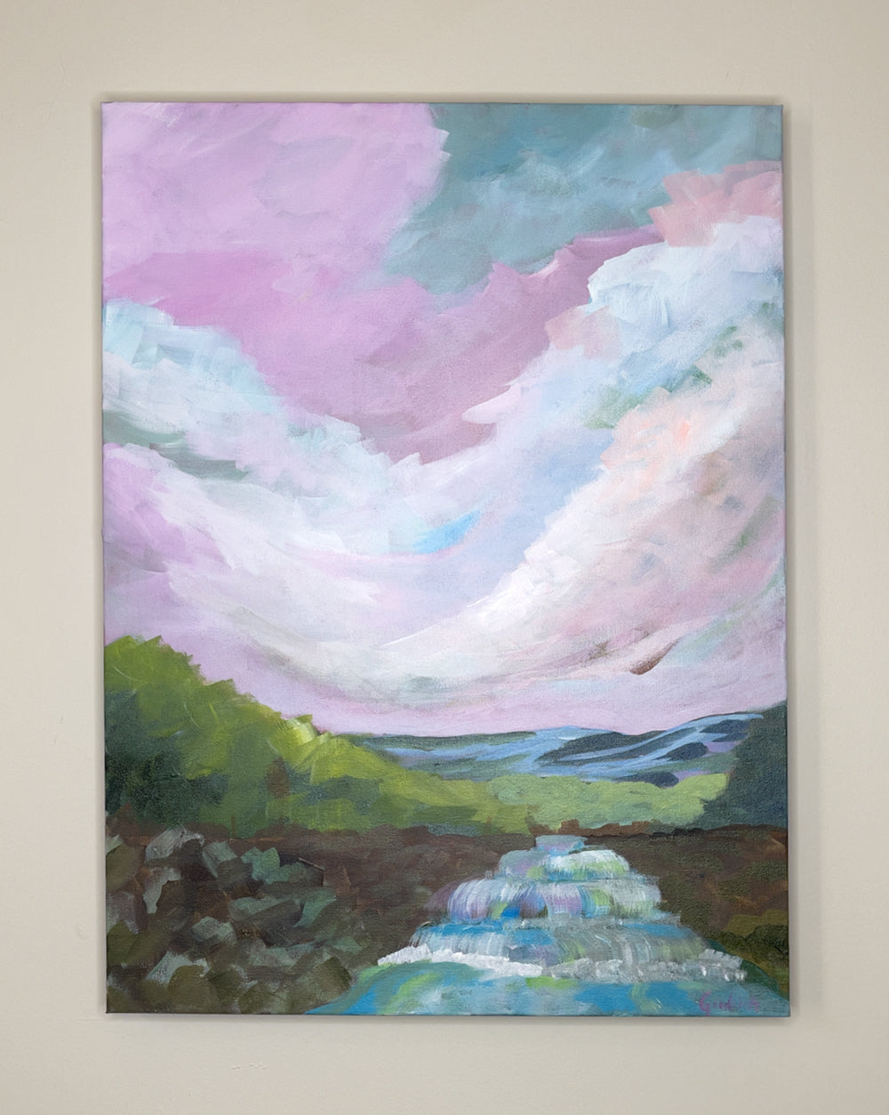 24" x 18"
Gallery wrapped canvas
Acrylic paint
Experience the beauty of the Blue Ridge Mountains with Waterfalls VI.
This stunning piece features pink and blue skies over dramatic waterfalls, surrounded by cool forests.
The impressionistic style captures the splashing water as it tumbles down rocky ledges.
Bring the outdoors inside with the blue waters and green forests.