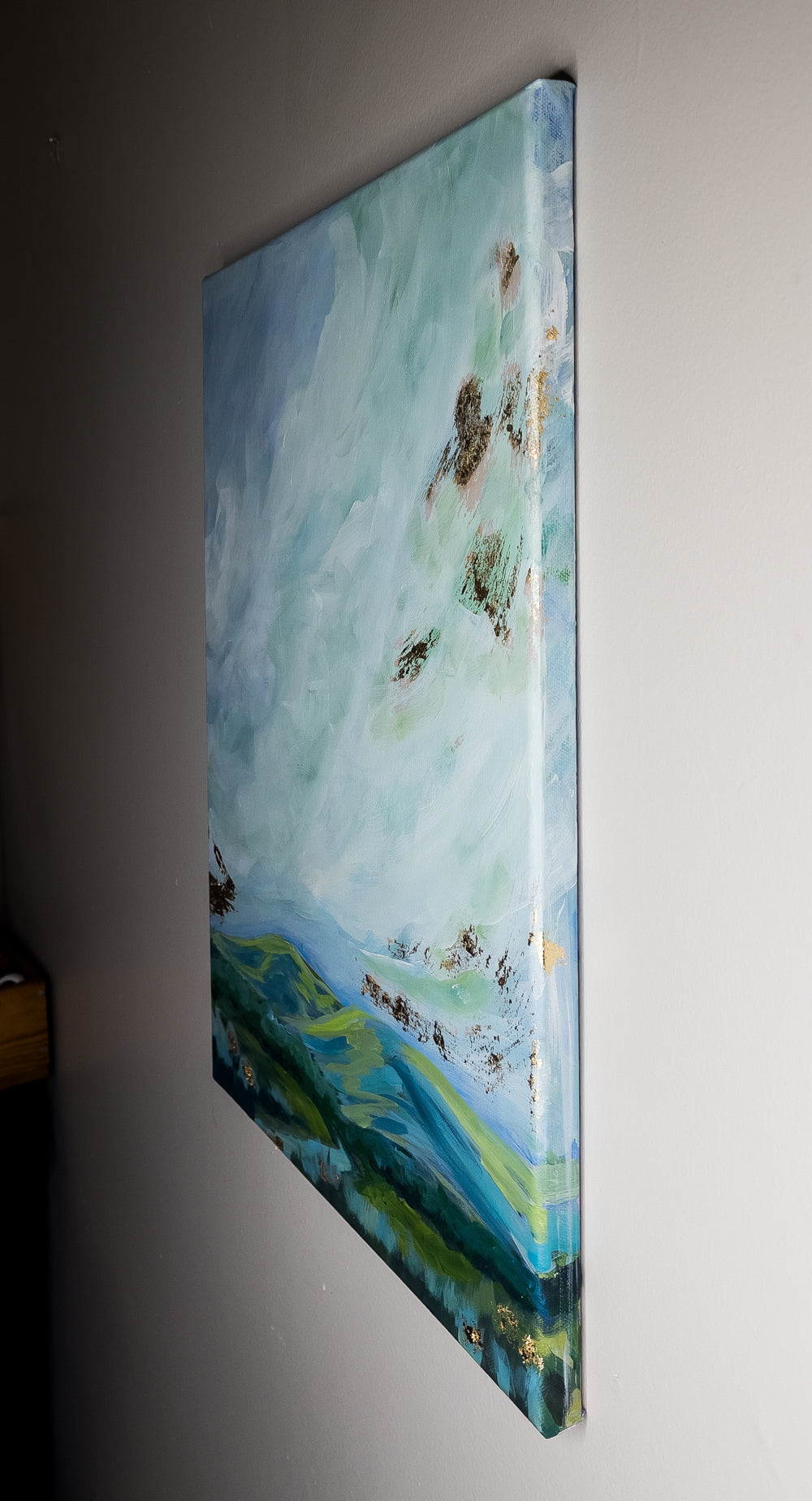 16" x 20"
Acrylic on Gallery Wrapped Canvas
Experience the beauty of the Blue Ridge mountains with this impressionistic painting.
Blues, greens, and gold leaf evoke a sense of tranquility, while the dramatic sky and sunrise add a touch of magic.
Let the river flowing through the valley take you on a journey through nature's stunning landscape.