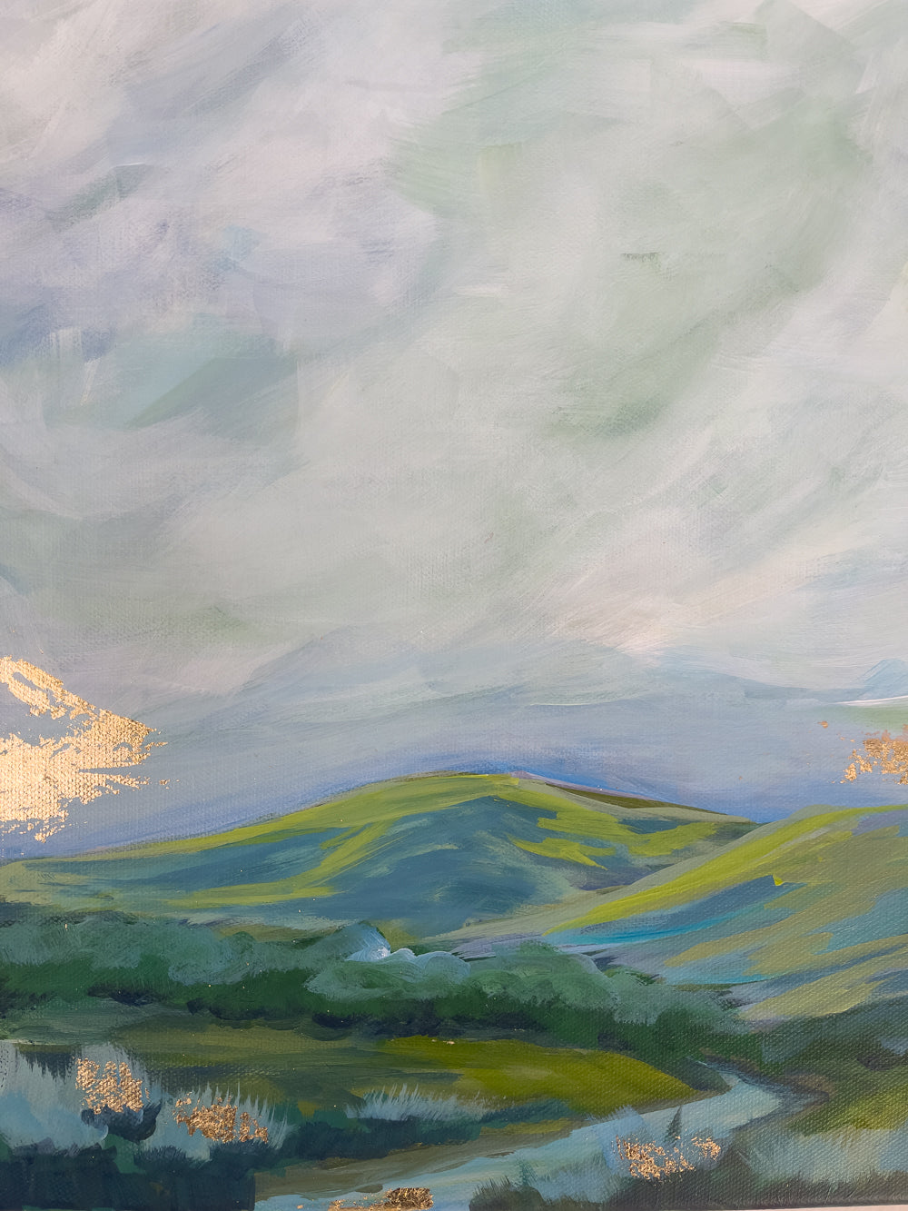 16" x 20"
Acrylic on Gallery Wrapped Canvas
Experience the beauty of the Blue Ridge mountains with this impressionistic painting.
Blues, greens, and gold leaf evoke a sense of tranquility, while the dramatic sky and sunrise add a touch of magic.
Let the river flowing through the valley take you on a journey through nature's stunning landscape.