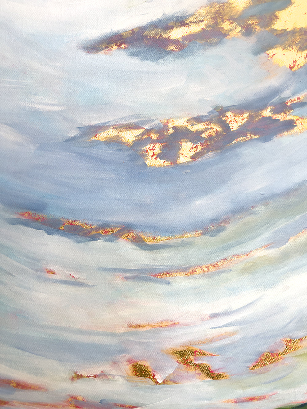18" x 24"
Acrylic and gold leaf on wrapped canvas
Experience the majesty of the Blue Ridge Mountains with Worlds Apart!
This original modern abstract landscape features a blue and white sky with a gold leaf sun rising, while the mountains and green fields are brought to life with colorful impressionist strokes.
The gold leaf sky is even reflected in the stream, surrounded by lush native grasses.
A stunning piece for any art lover!