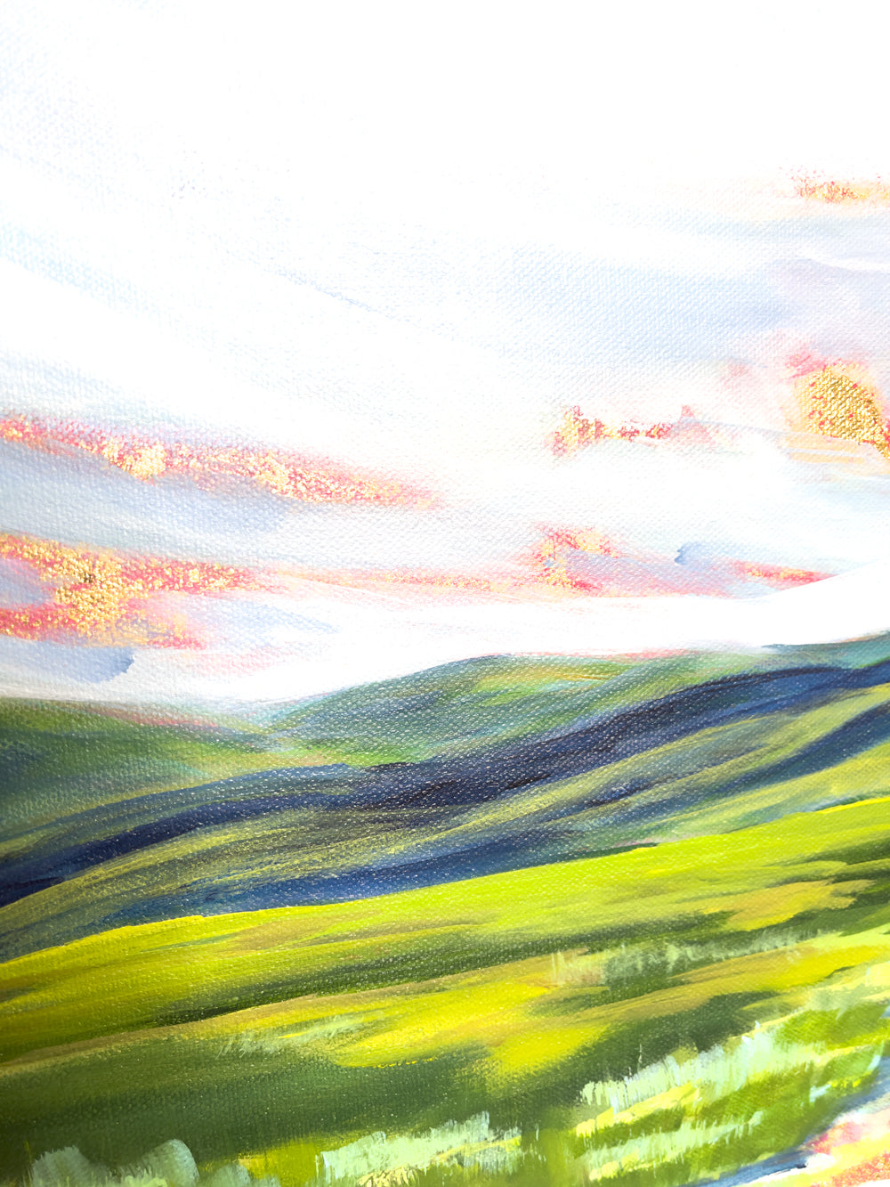 18" x 24"
Acrylic and gold leaf on wrapped canvas
Experience the majesty of the Blue Ridge Mountains with Worlds Apart!
This original modern abstract landscape features a blue and white sky with a gold leaf sun rising, while the mountains and green fields are brought to life with colorful impressionist strokes.
The gold leaf sky is even reflected in the stream, surrounded by lush native grasses.
A stunning piece for any art lover!