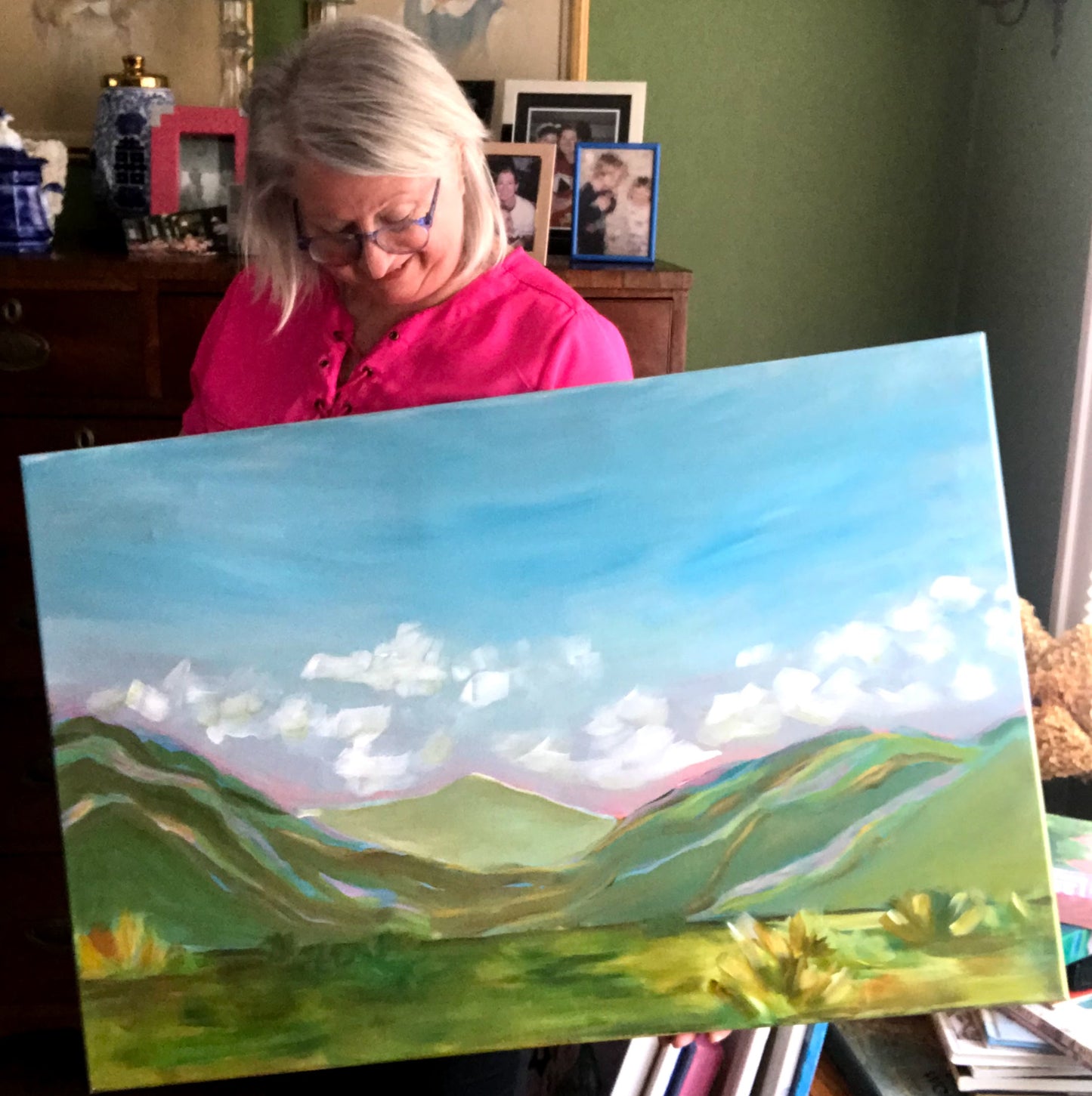 36" x 24"
Blue Ridge Mountains Landscape Painting
acrylic on gallery wrapped canvas
I have the best morning commute. I drive over this ridge in the Roanoke valley and the sky opens up and the mountains surround me. Everyday the sky is a different color which makes the mountains a different color. And it never gets old. Beautiful pink sunrises, smoky foggy mornings, or gray, heavy rain clouds - the view is always spectacular
