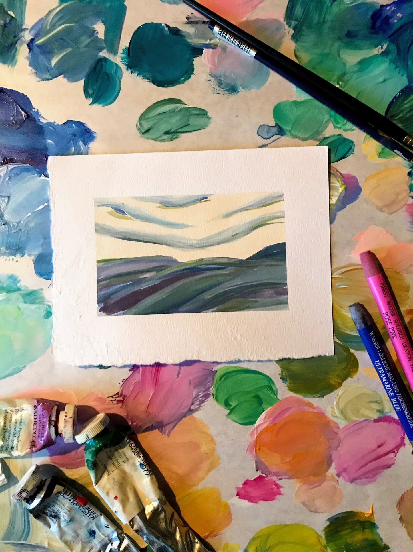 January 15, 2021 daily painting practice approximately 5" x 4" Mountain Landscape of the beautiful Blue Ridge mountains in Salem, Virginia gouache on Paper ready for framing modern southern painting free shipping follow me on instagram or sign up for the emails to get the first look at the daily painting challenge.