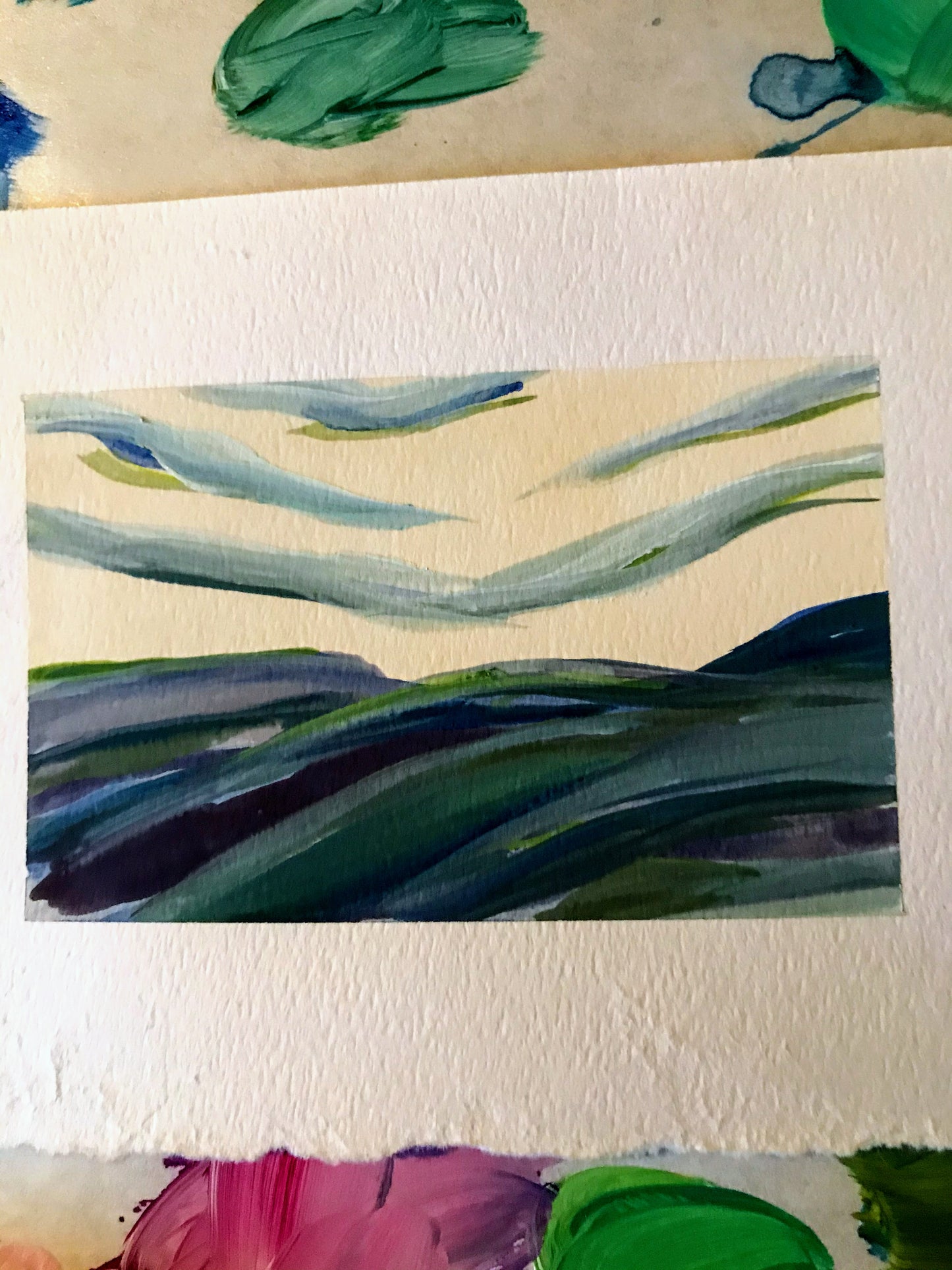 January 15, 2021 daily painting practice approximately 5" x 4" Mountain Landscape of the beautiful Blue Ridge mountains in Salem, Virginia gouache on Paper ready for framing modern southern painting free shipping follow me on instagram or sign up for the emails to get the first look at the daily painting challenge.
